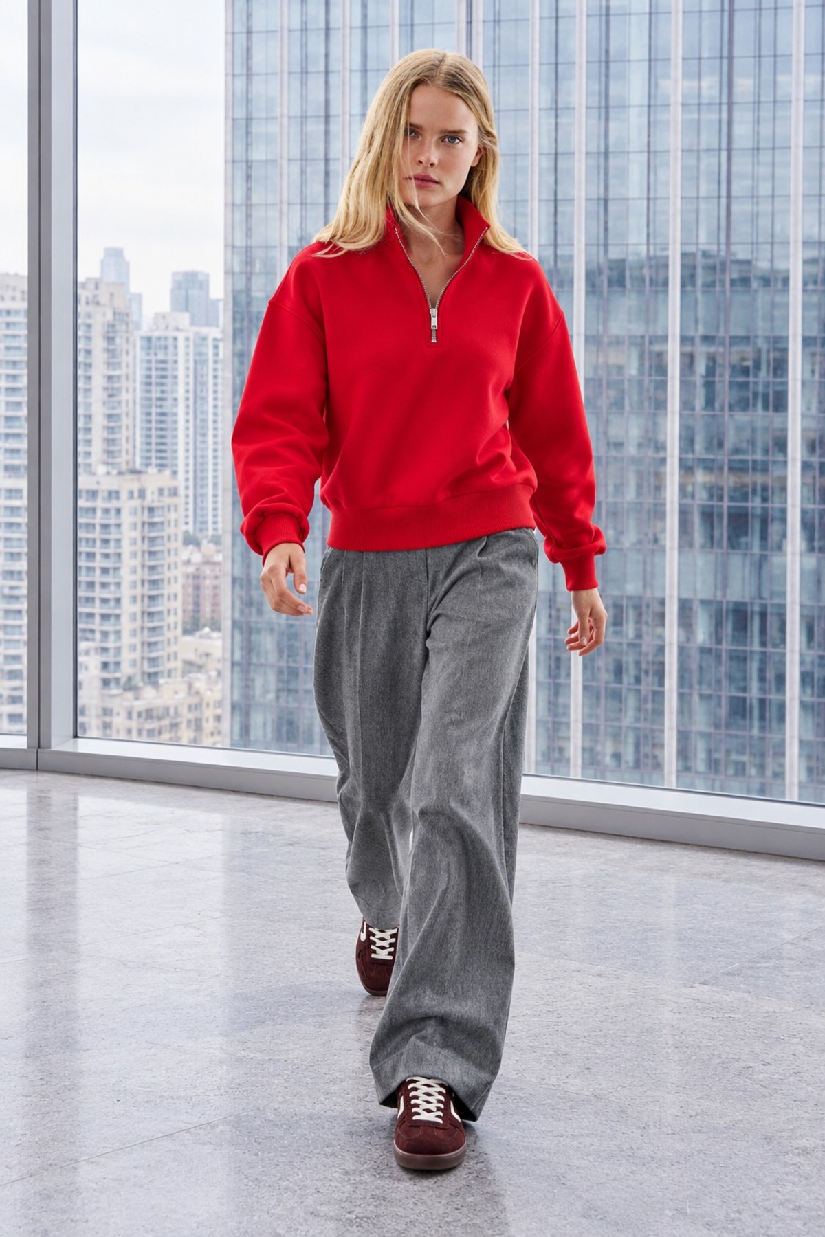 Kadın Uzun Kollu Fermuarlı Basic Kırmızı Sweatshirt 6