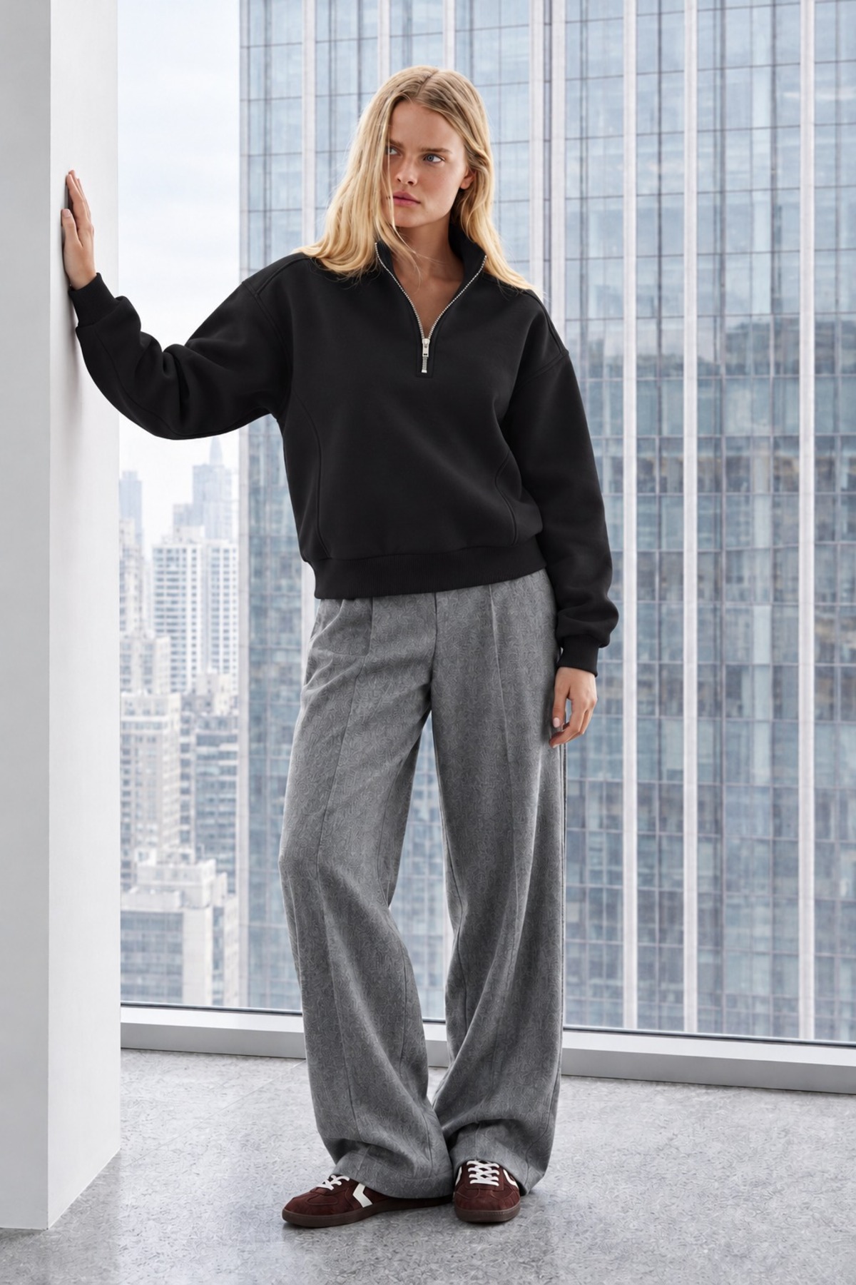 Kadın Uzun Kollu Fermuarlı Basic Siyah Sweatshirt 4