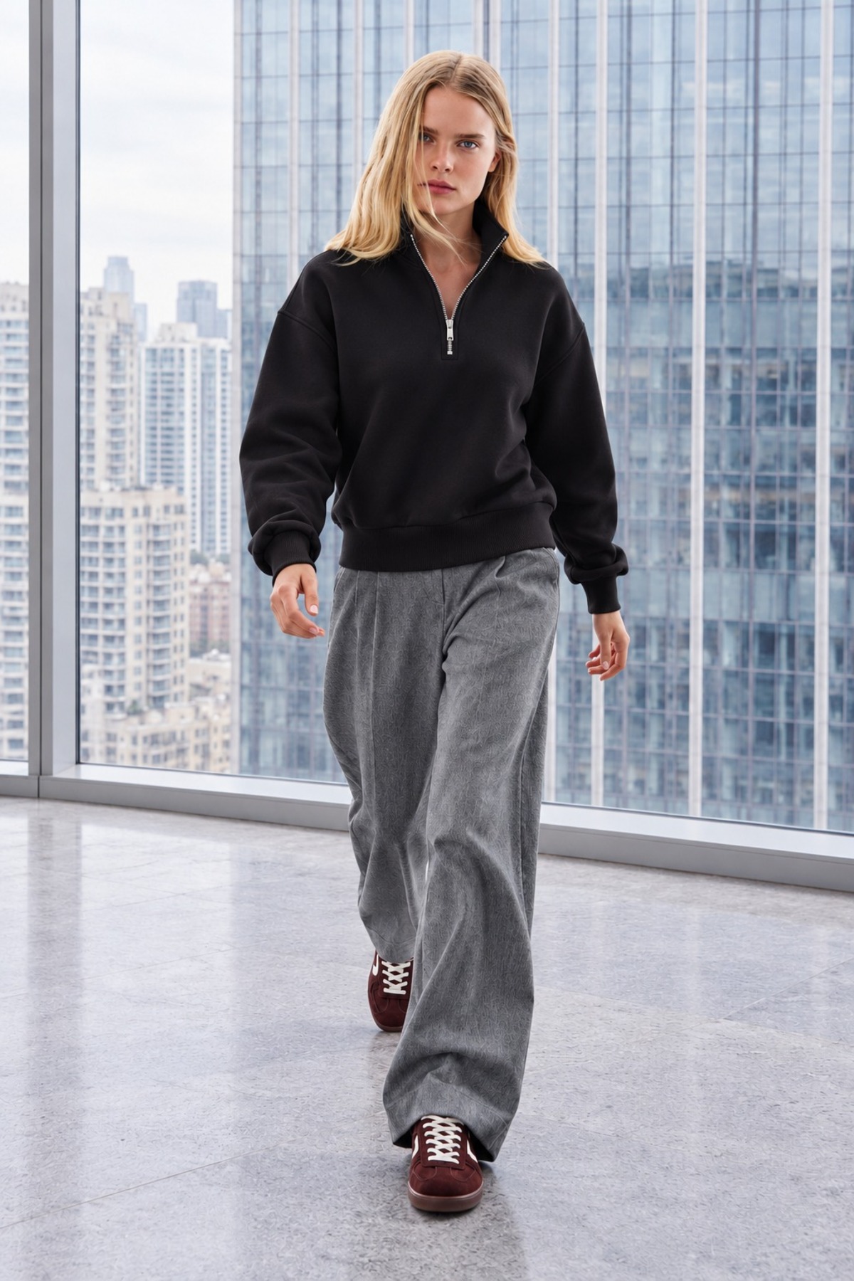 Kadın Uzun Kollu Fermuarlı Basic Siyah Sweatshirt 6