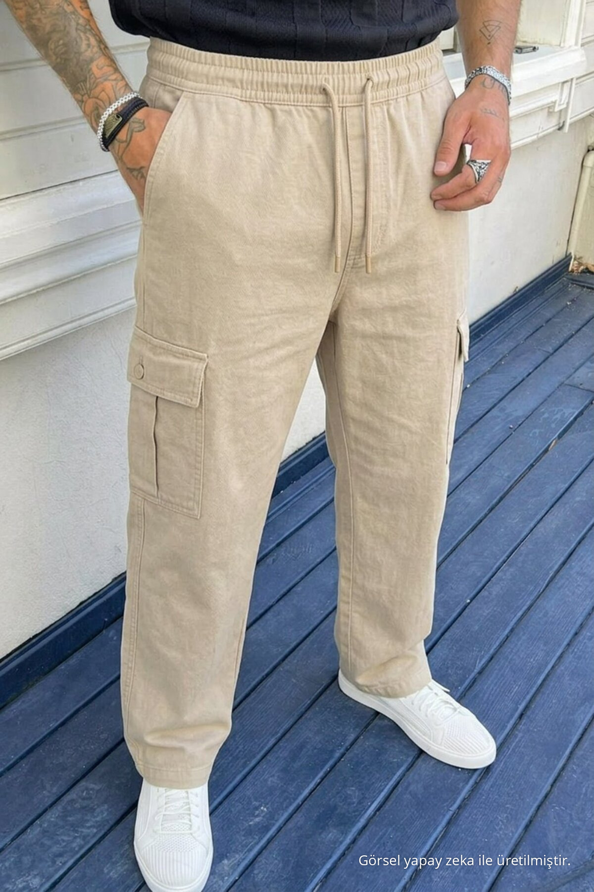 Erkek Kargo Cepli 3 Lü Bol Keten Pantolon Lacivert 4
