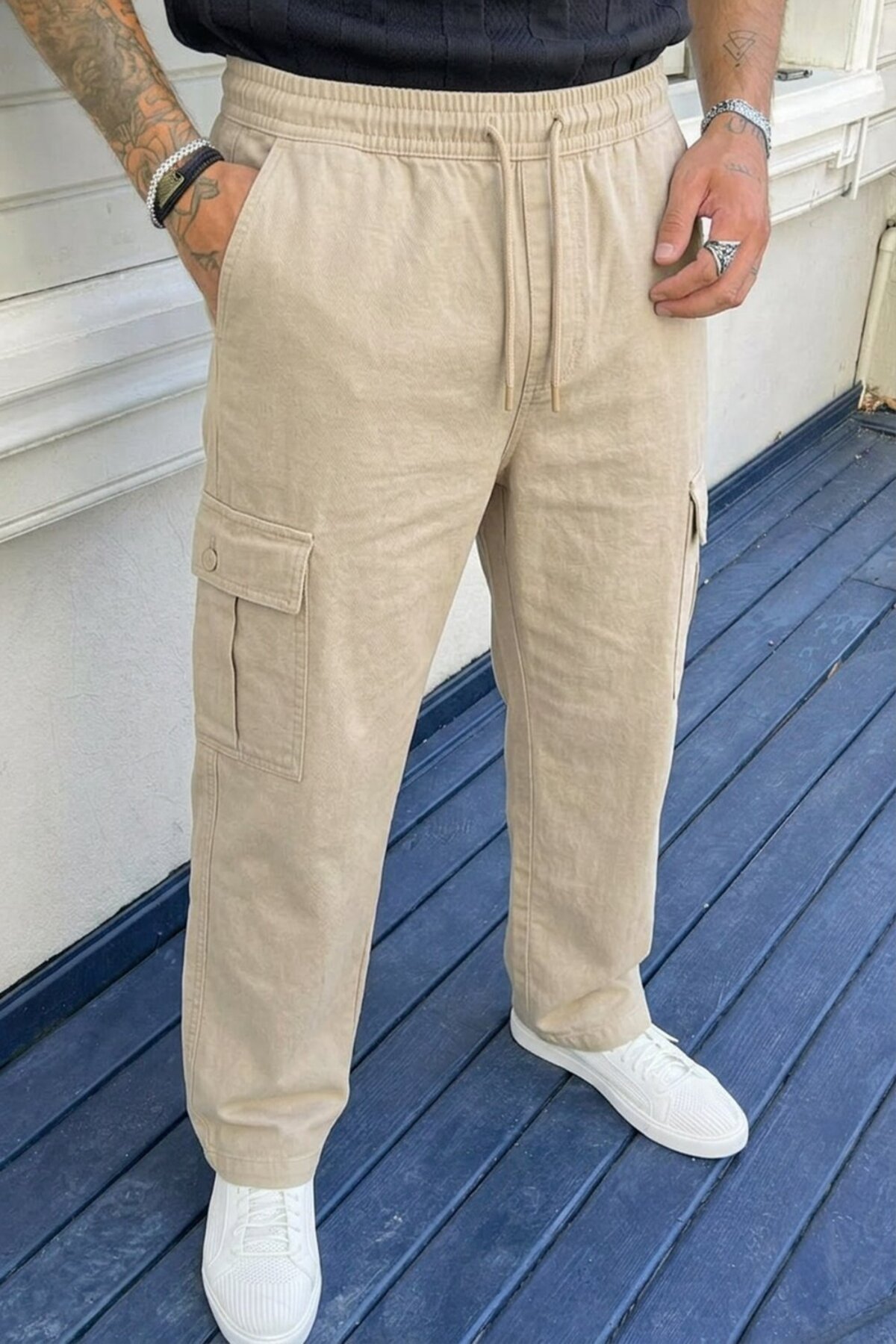 Erkek Kargo Cepli 3 Lü Bol Keten Pantolon 4
