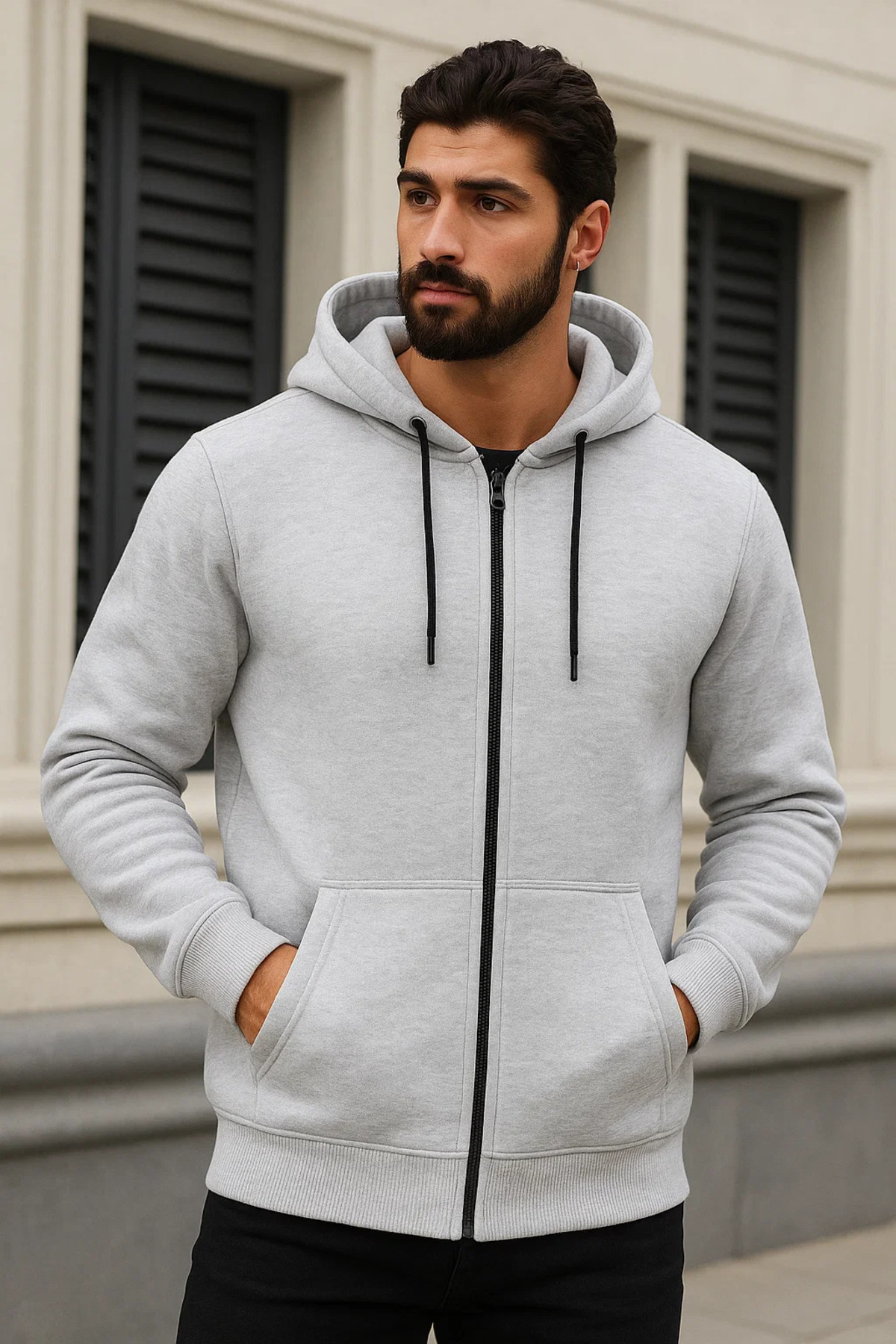 Erkek Salaş Fermuarlı Kapşonlu 3 Lü Sweatshirt Bej 4