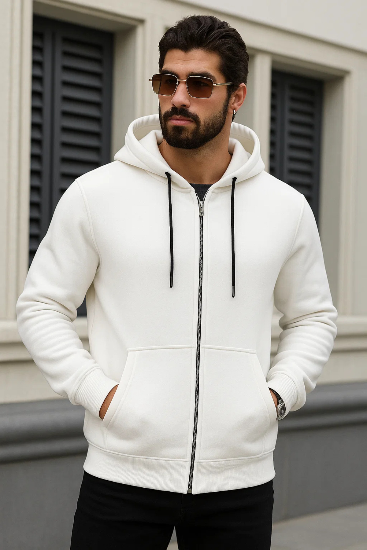 Erkek Salaş Fermuarlı Kapşonlu 3 Lü Sweatshirt Beyaz 3