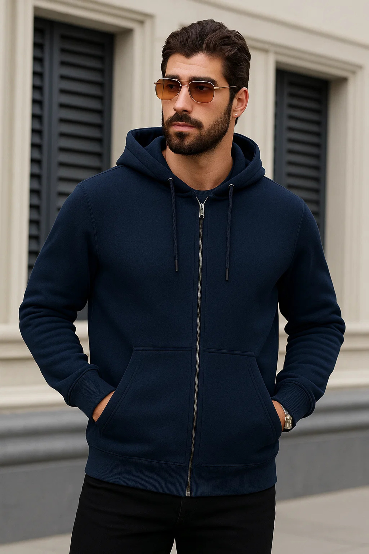 Erkek Salaş Fermuarlı Kapşonlu 3 Lü Sweatshirt Eflatun 3