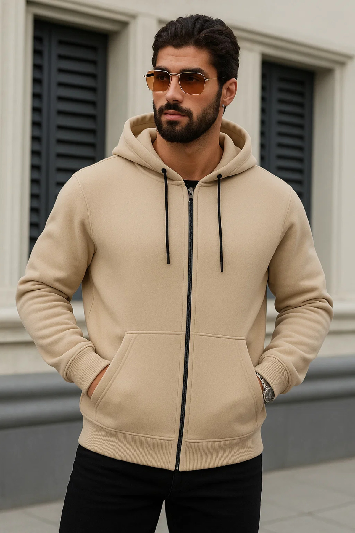 Erkek Salaş Fermuarlı Kapşonlu 3 Lü Sweatshirt Koyu Mavi 4