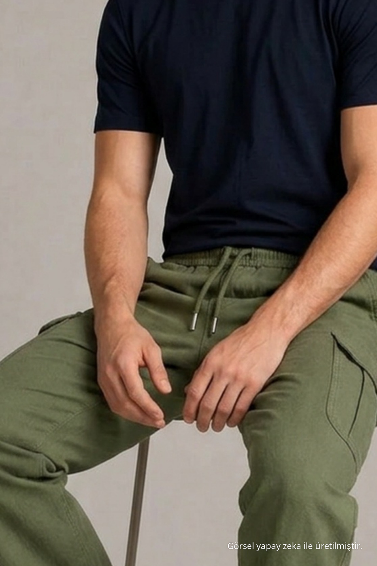 Erkek Beli Lastikli Haki Kargo Keten Pantolon 5