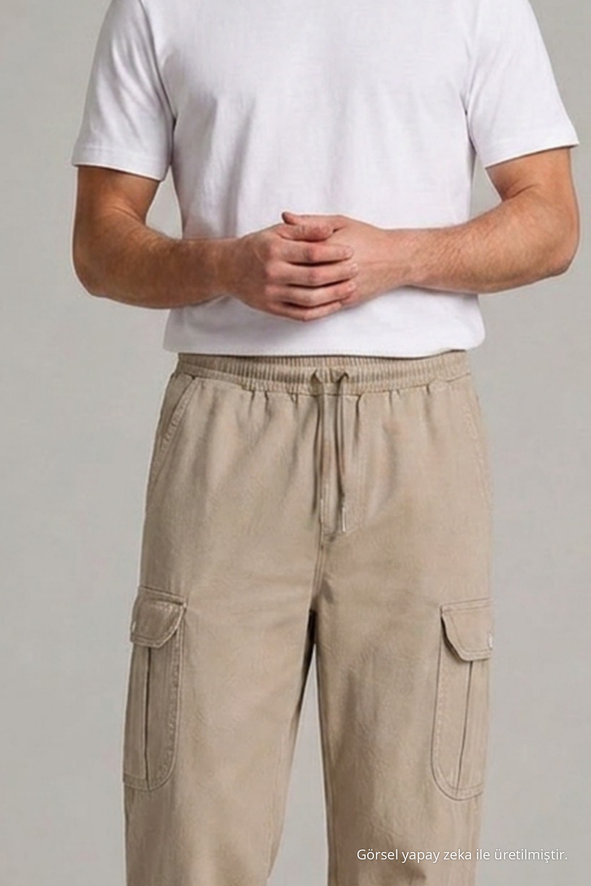 Erkek Beli Lastikli Krem Kargo Keten Pantolon 6