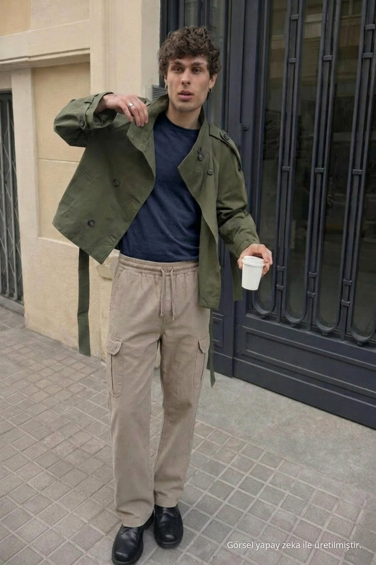 Erkek Günlük Rahat Krem Kargo Keten Pantolon 6