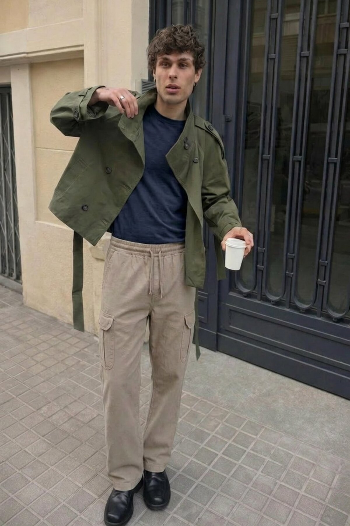 Erkek Günlük Rahat Krem Kargo Keten Pantolon 6