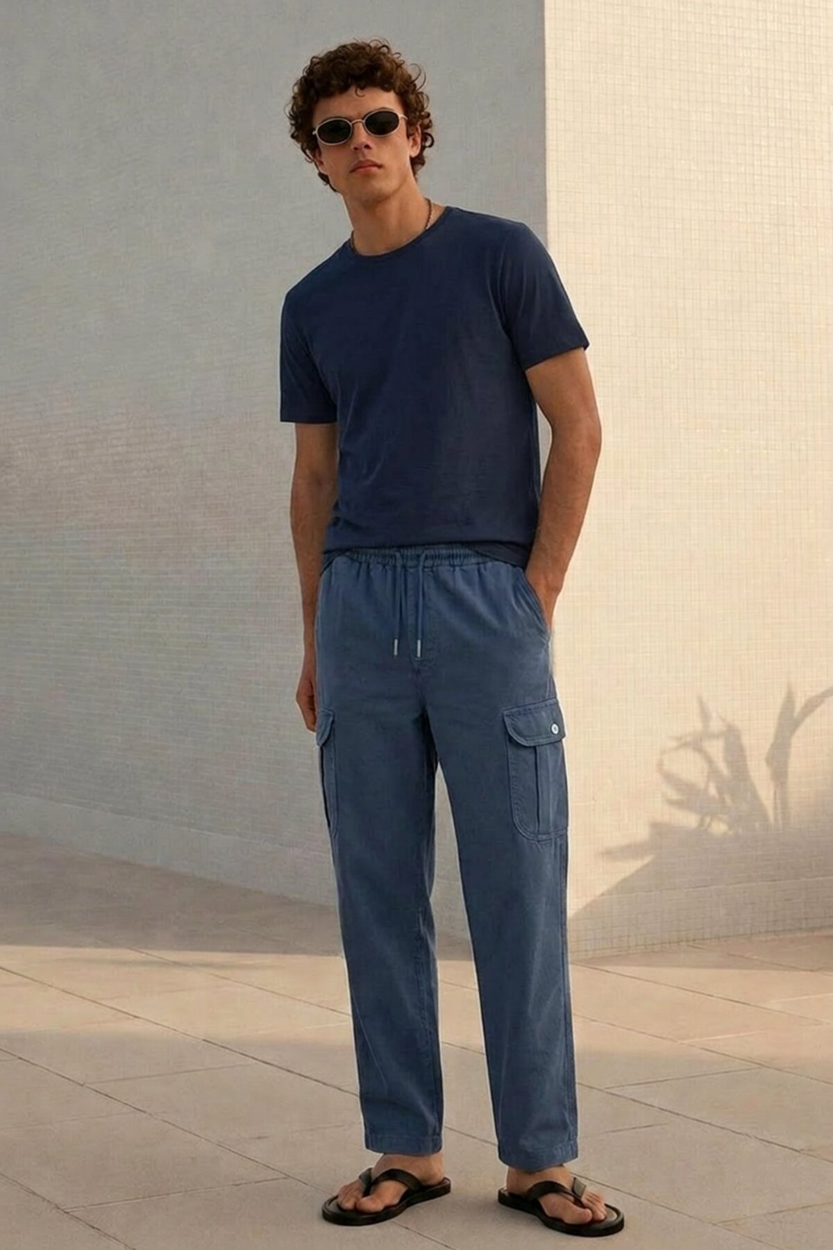 Erkek Yazlık Comfort Mavi Kargo Keten Pantolon 4