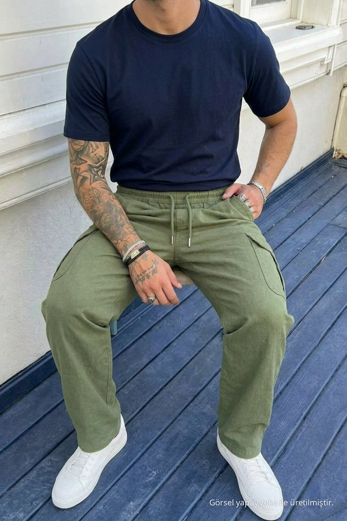 Erkek Kargo Cepli Haki Bol Keten Pantolon 4