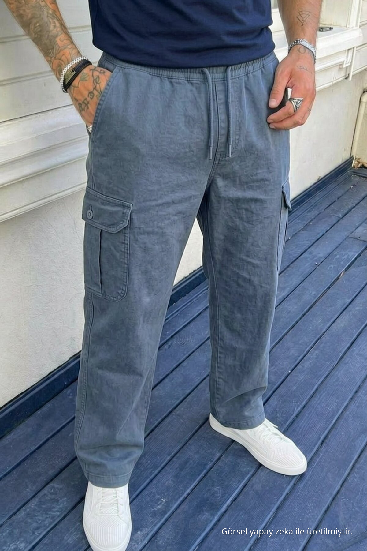 Erkek Kargo Cepli Mavi Bol Keten Pantolon 4