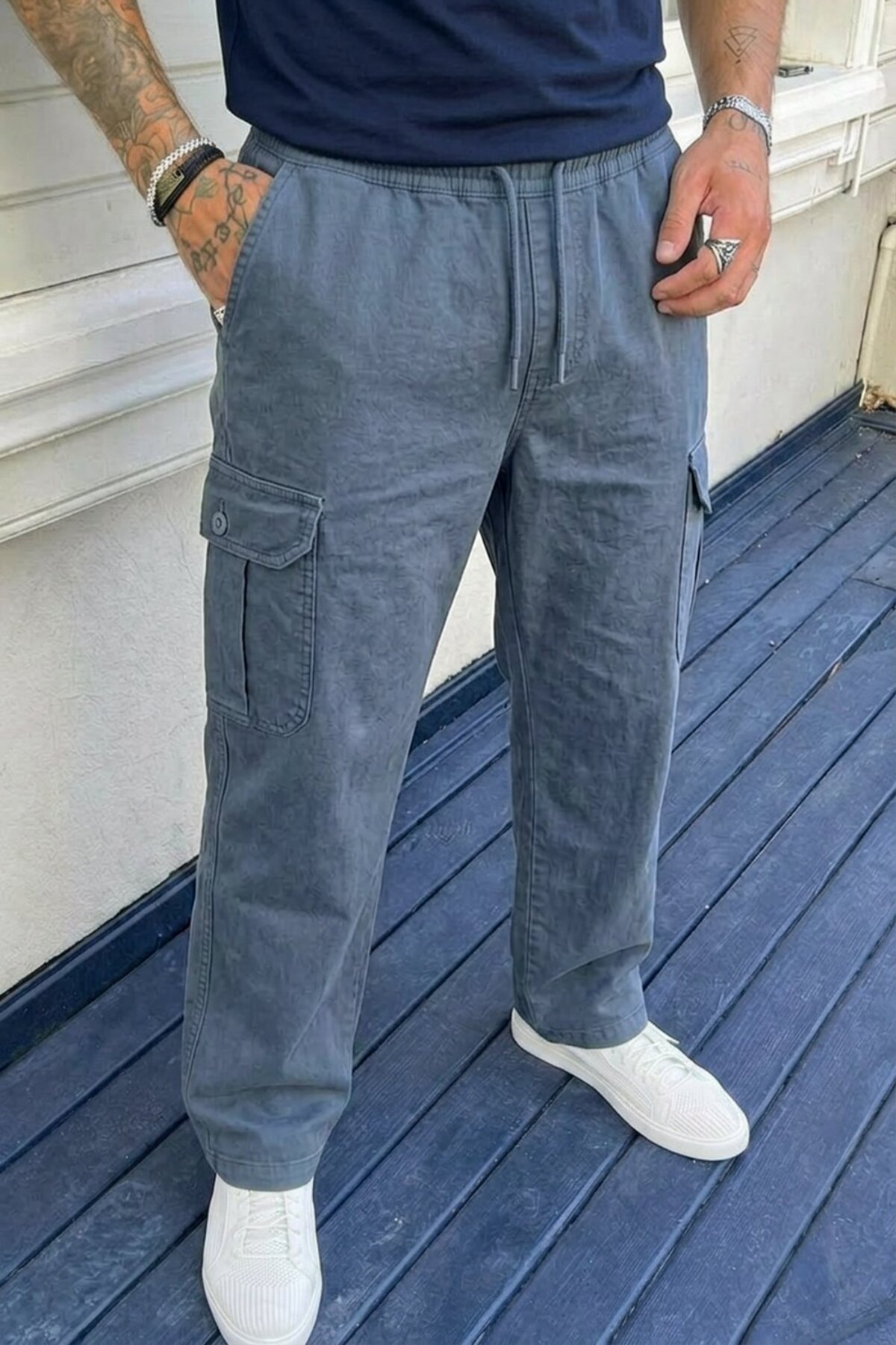 Erkek Kargo Cepli Mavi Bol Keten Pantolon 4