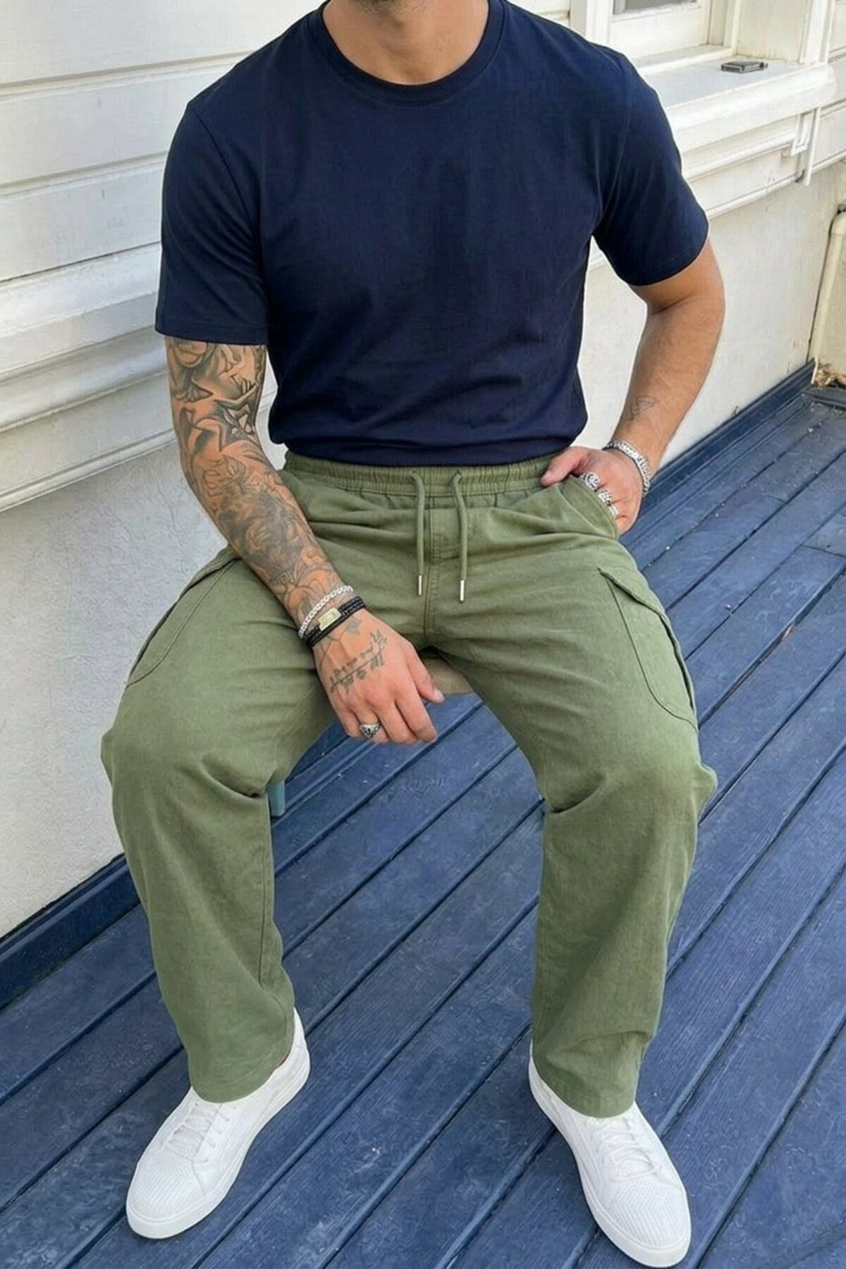 Erkek Kargo Cepli Haki Bol Keten Pantolon 4