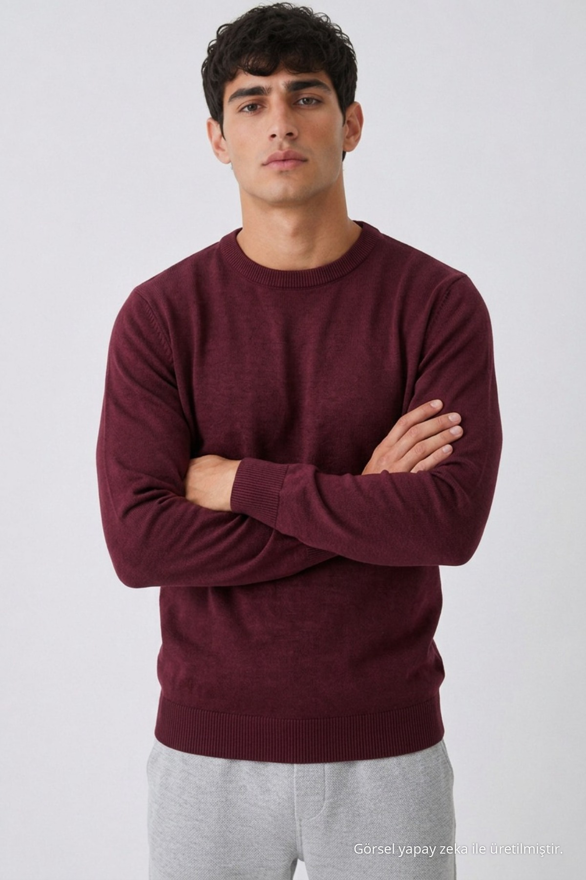 Erkek Basic Uzun Bol Bordo Triko Kazak 5