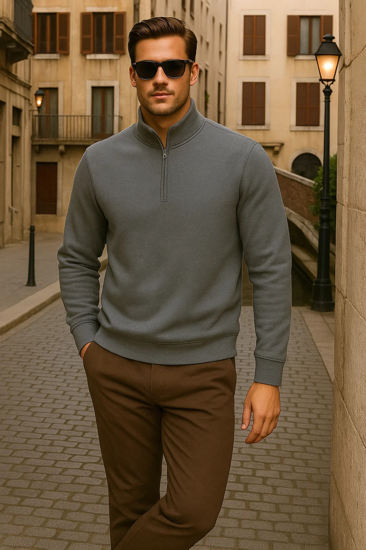 Erkek Kışlık Polo Yaka Antrasit Fermuarlı Sweatshirt 4