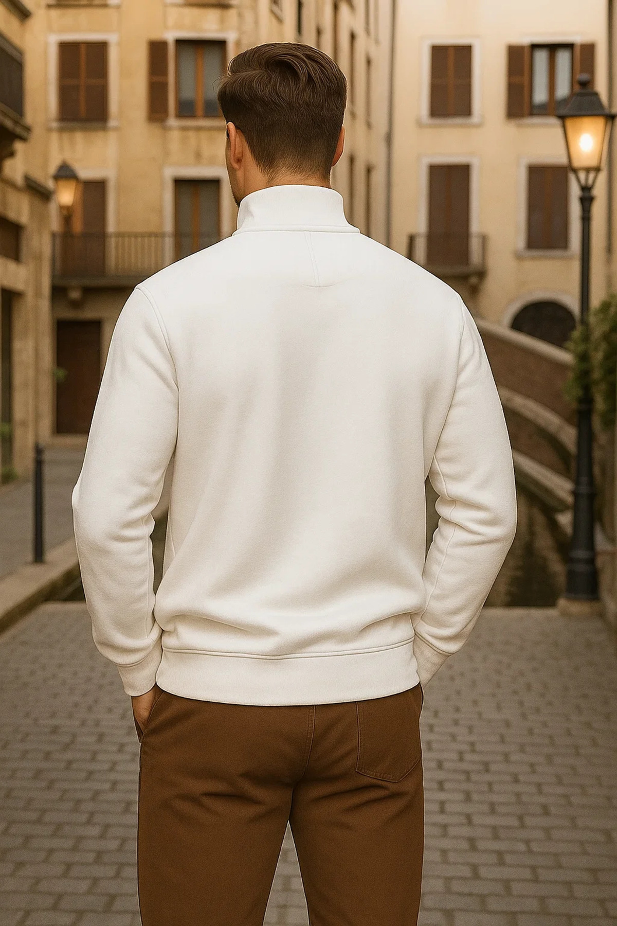 Erkek Kışlık Polo Yaka Beyaz Fermuarlı Sweatshirt 5