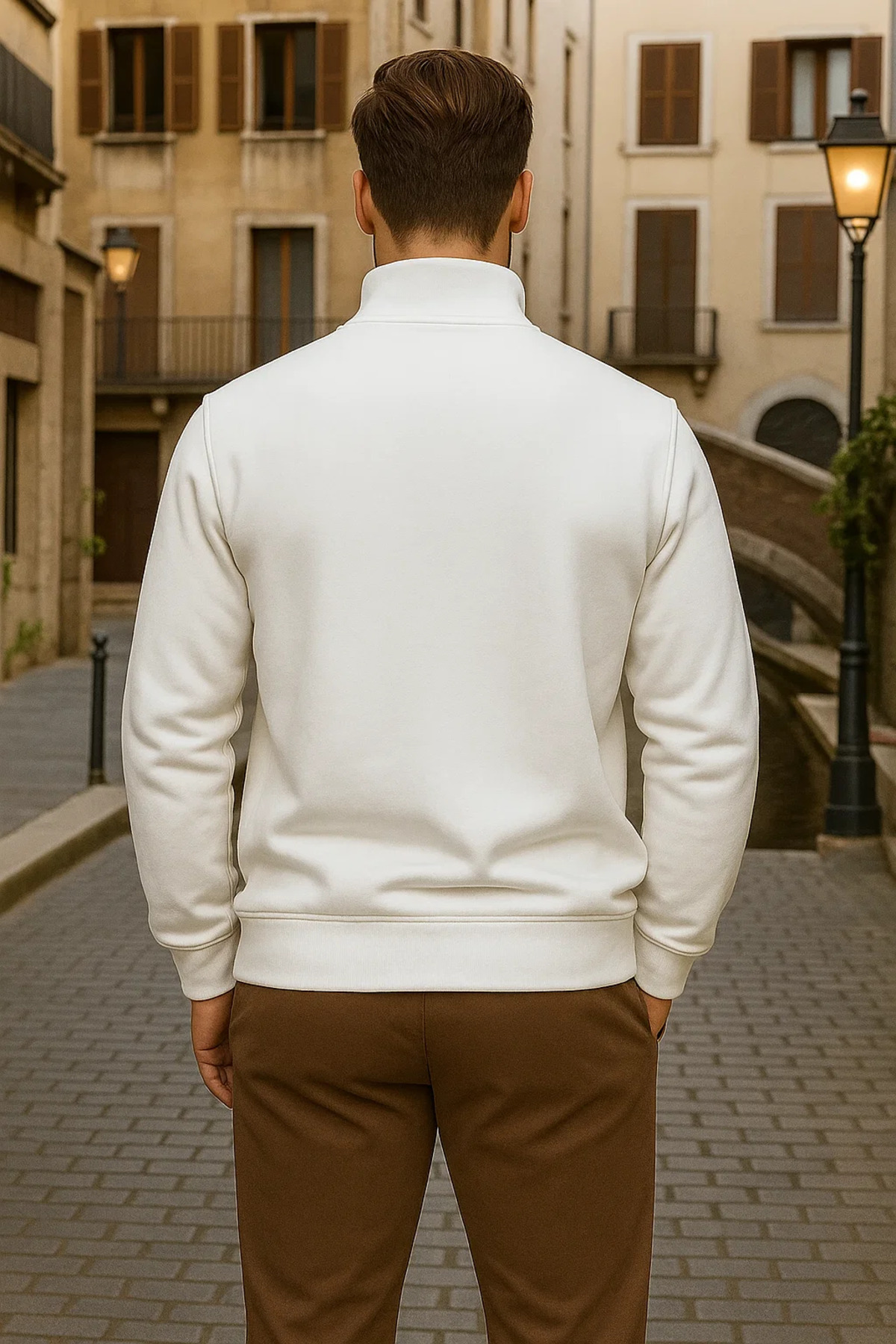 Erkek Kışlık Polo Yaka Beyaz Fermuarlı Sweatshirt 6