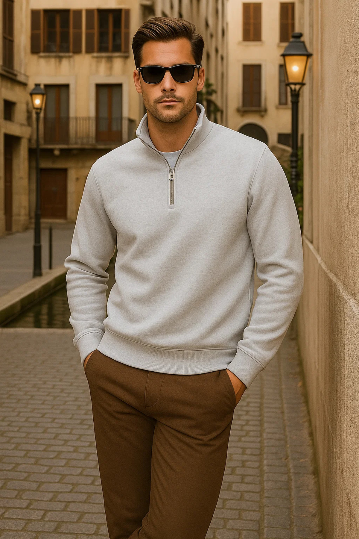 Erkek Kışlık Polo Yaka Gri Fermuarlı Sweatshirt 4