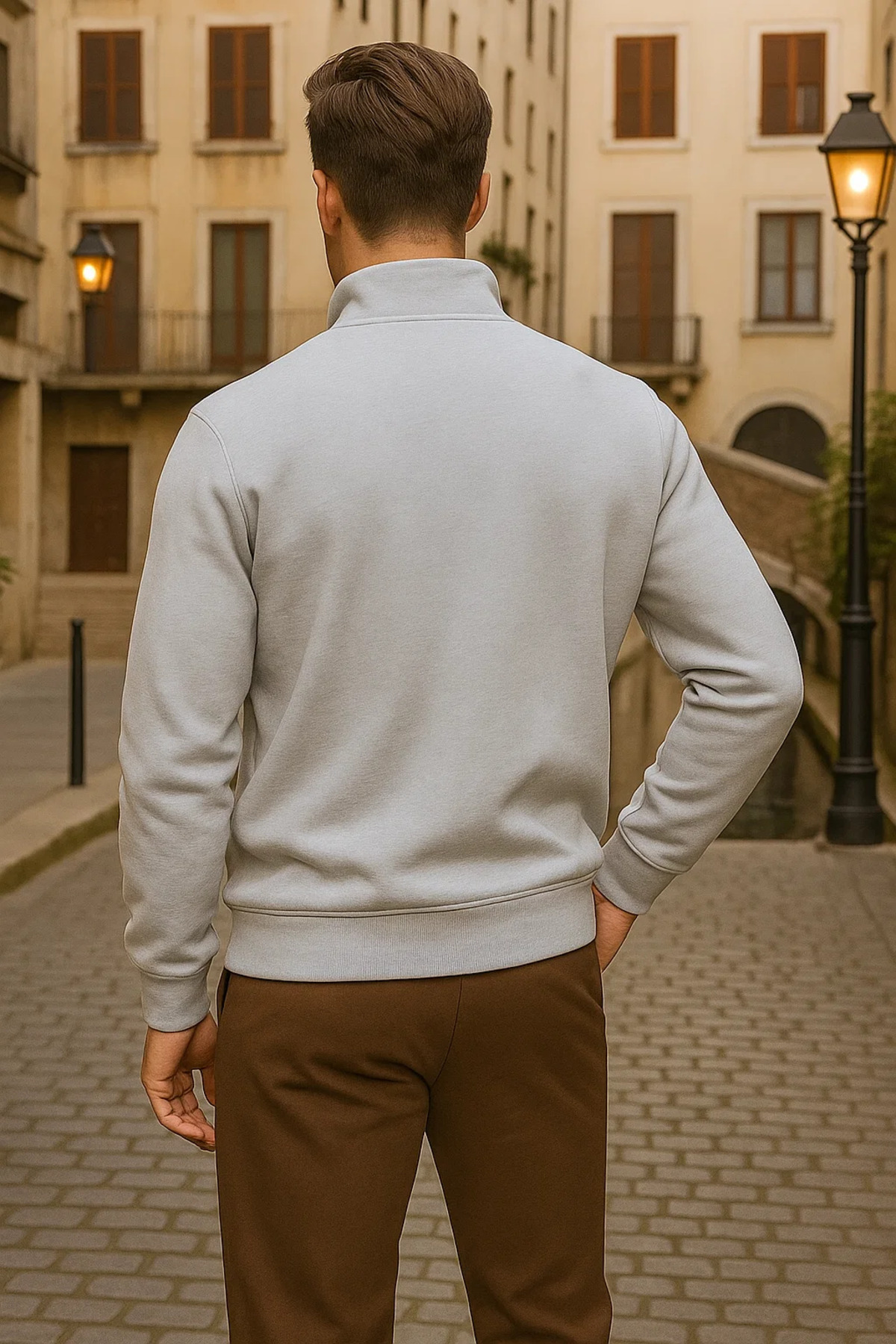 Erkek Kışlık Polo Yaka Gri Fermuarlı Sweatshirt 5
