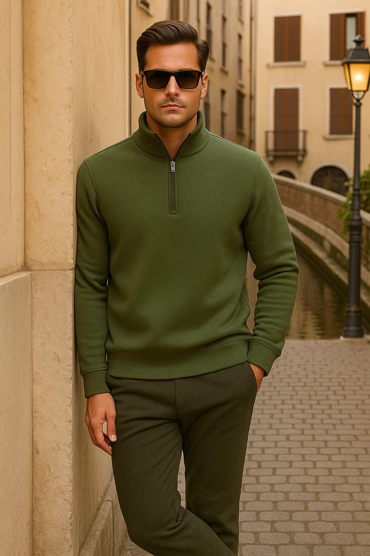 Erkek Kışlık Polo Yaka Haki Fermuarlı Sweatshirt 4