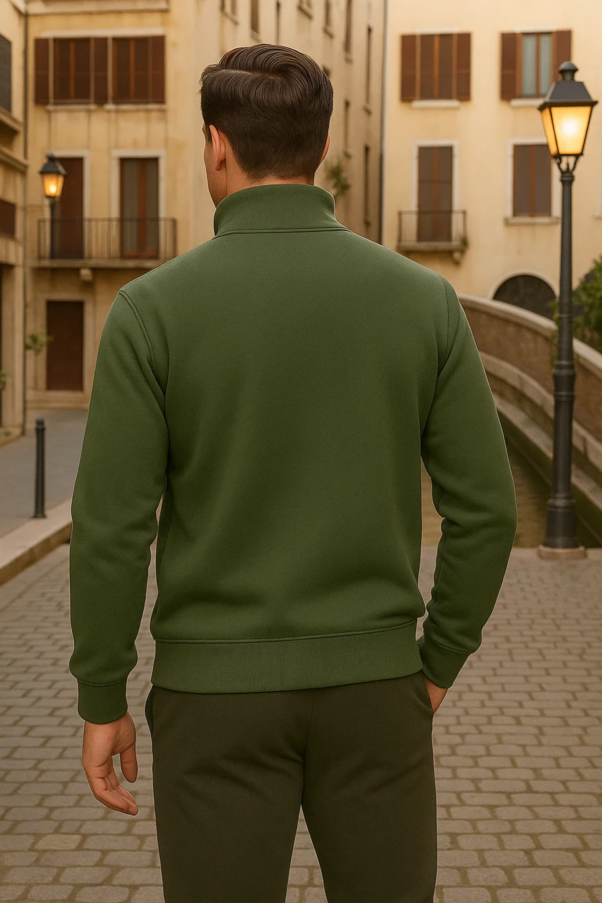Erkek Kışlık Polo Yaka Haki Fermuarlı Sweatshirt 5