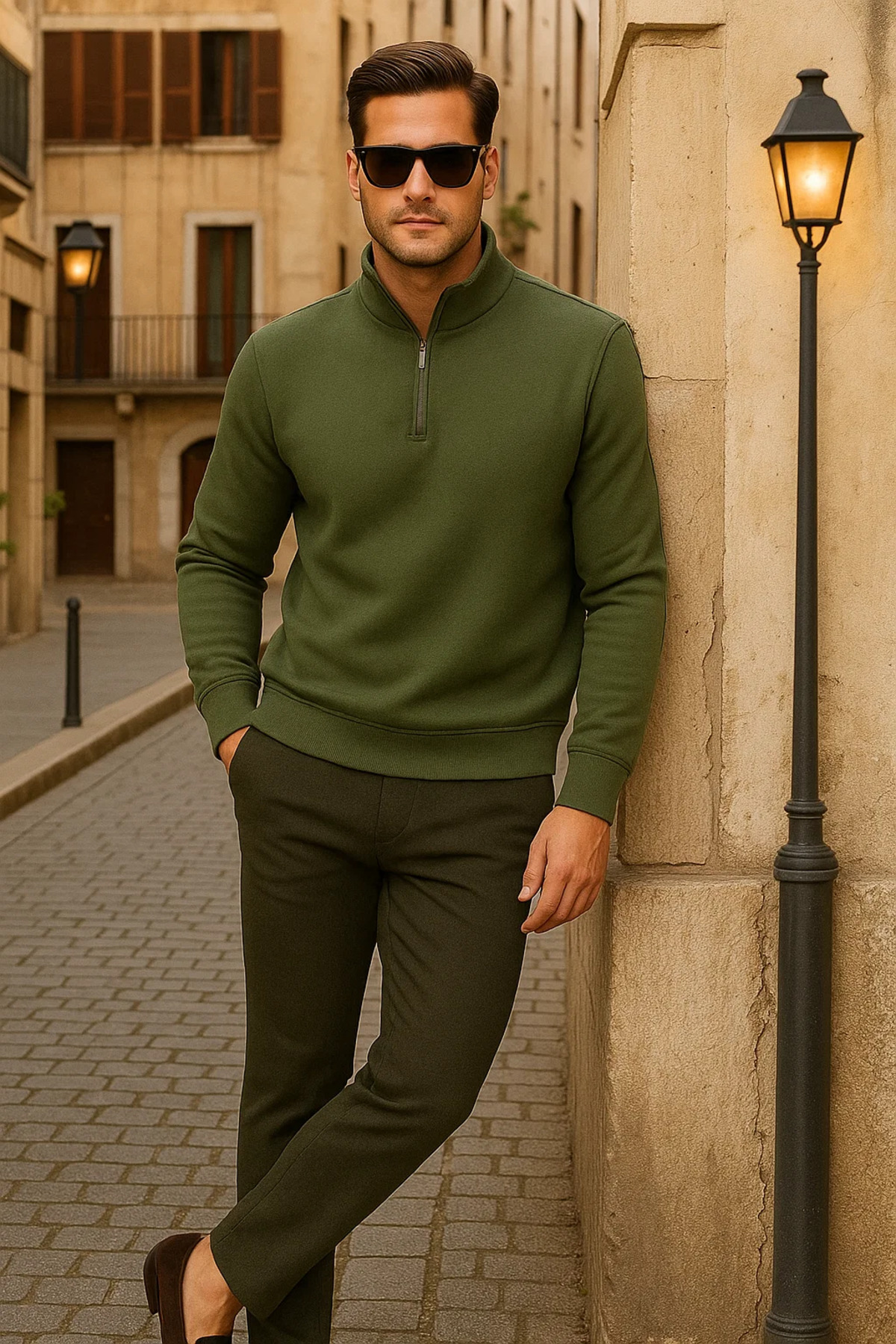 Erkek Kışlık Polo Yaka Haki Fermuarlı Sweatshirt 3