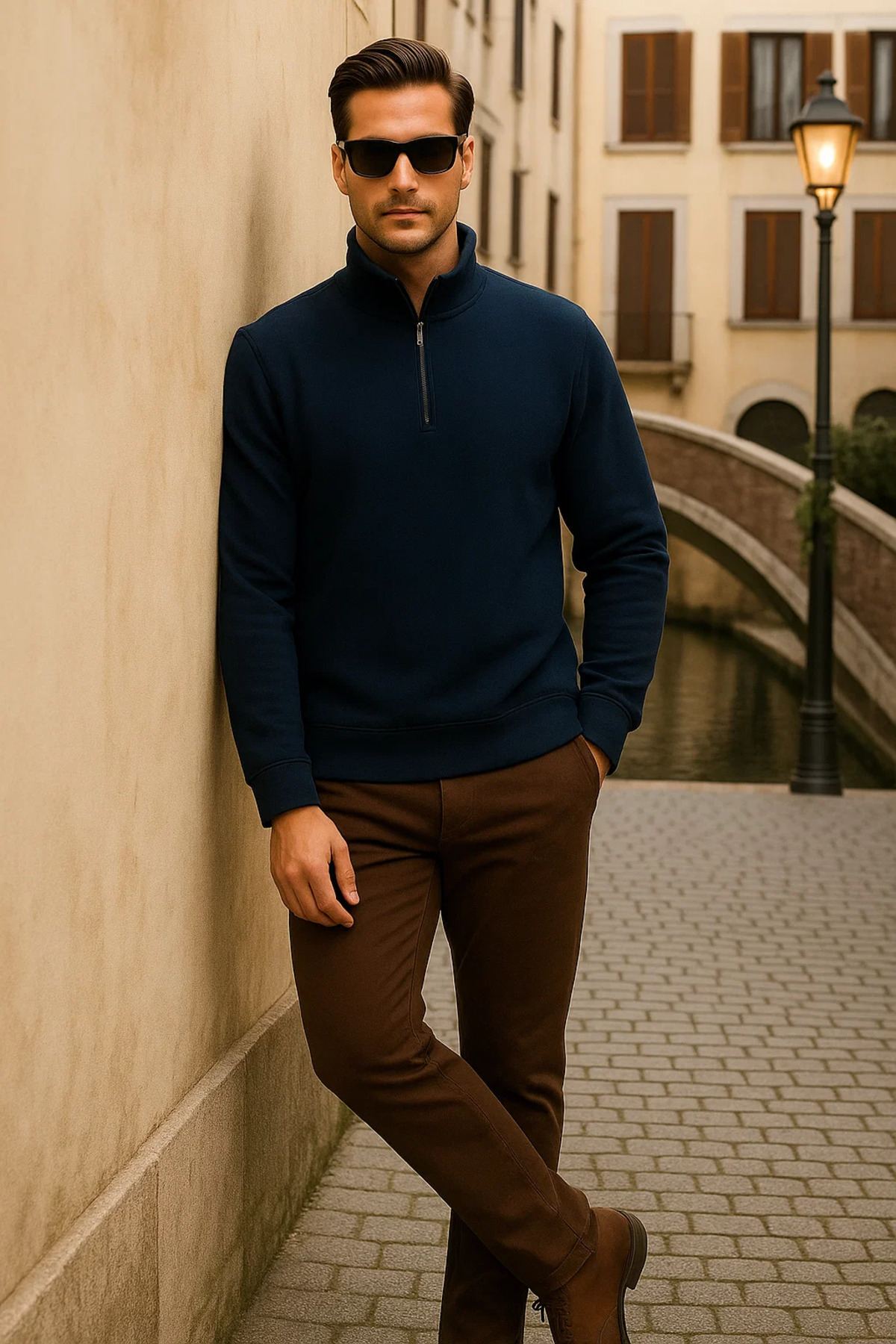 Erkek Kışlık Polo Yaka Lacivert Fermuarlı Sweatshirt 3