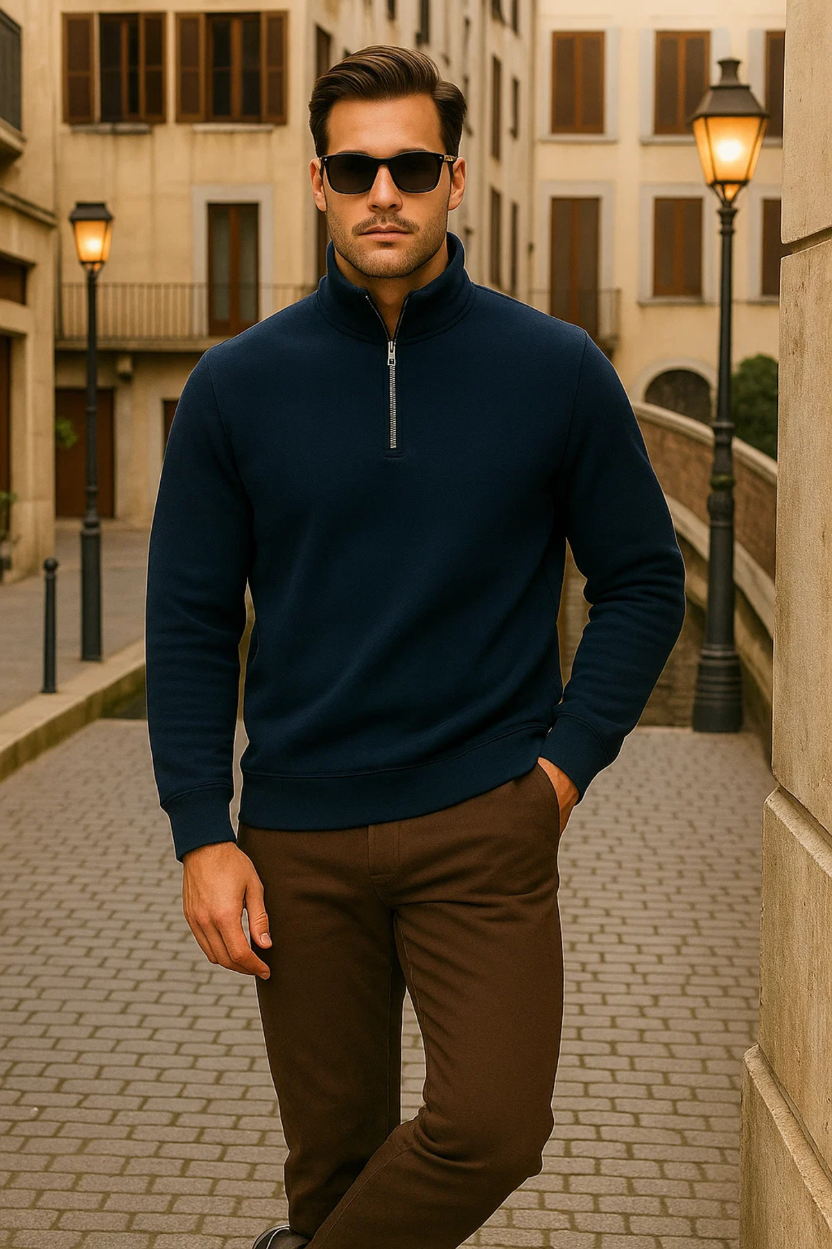 Erkek Kışlık Polo Yaka Lacivert Fermuarlı Sweatshirt 4