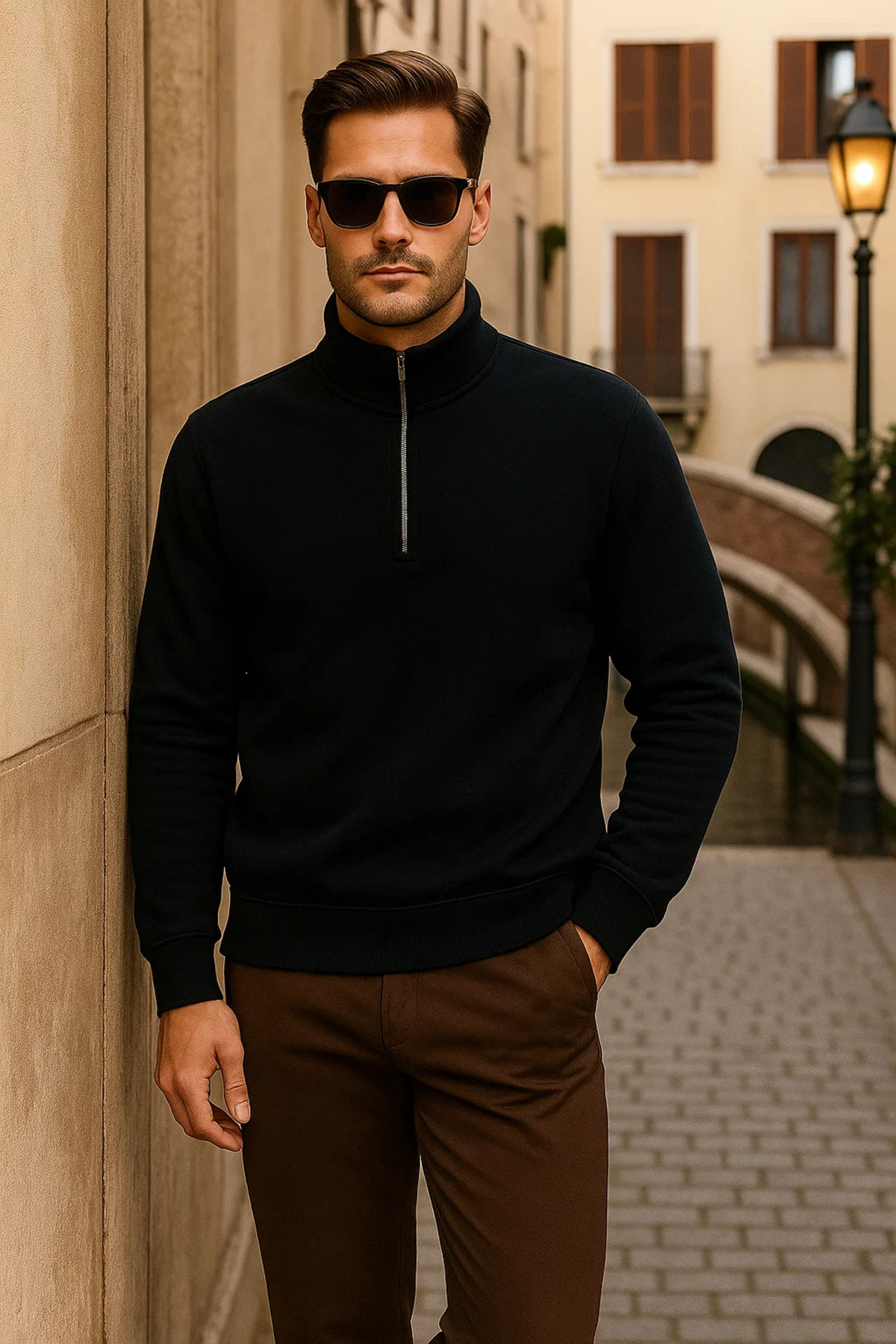 Erkek Kışlık Polo Yaka Siyah Fermuarlı Sweatshirt 3