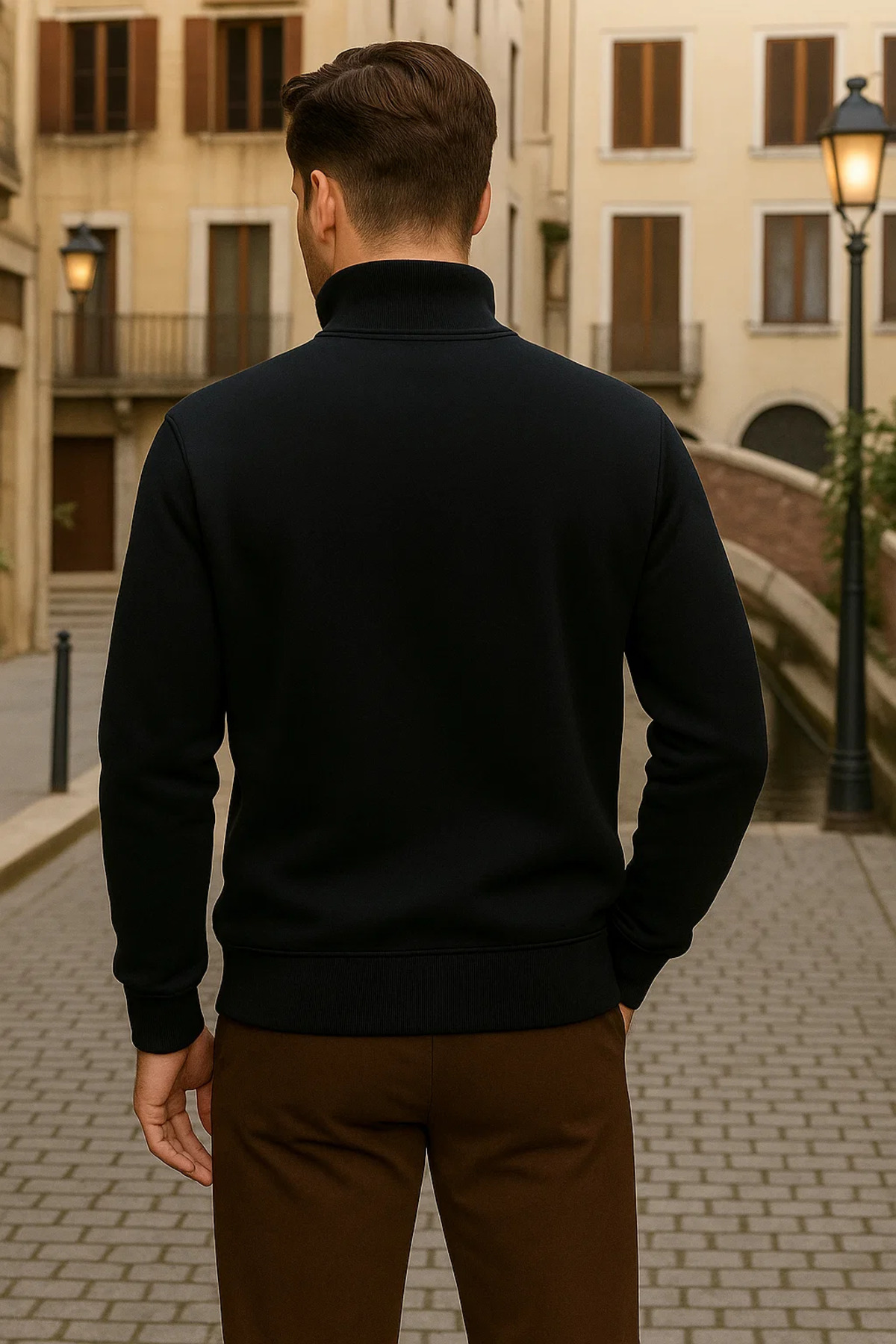Erkek Kışlık Polo Yaka Siyah Fermuarlı Sweatshirt 5