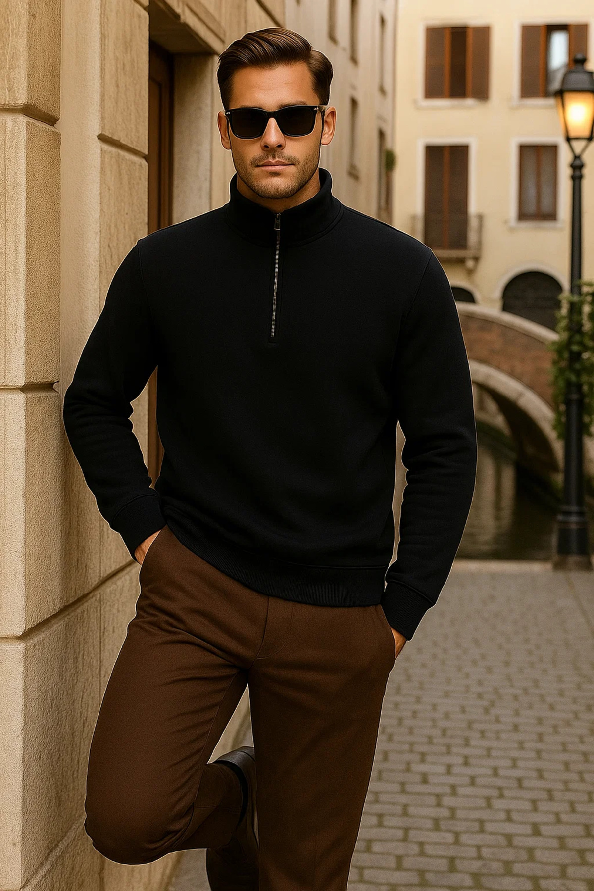 Erkek Kışlık Polo Yaka Siyah Fermuarlı Sweatshirt 4