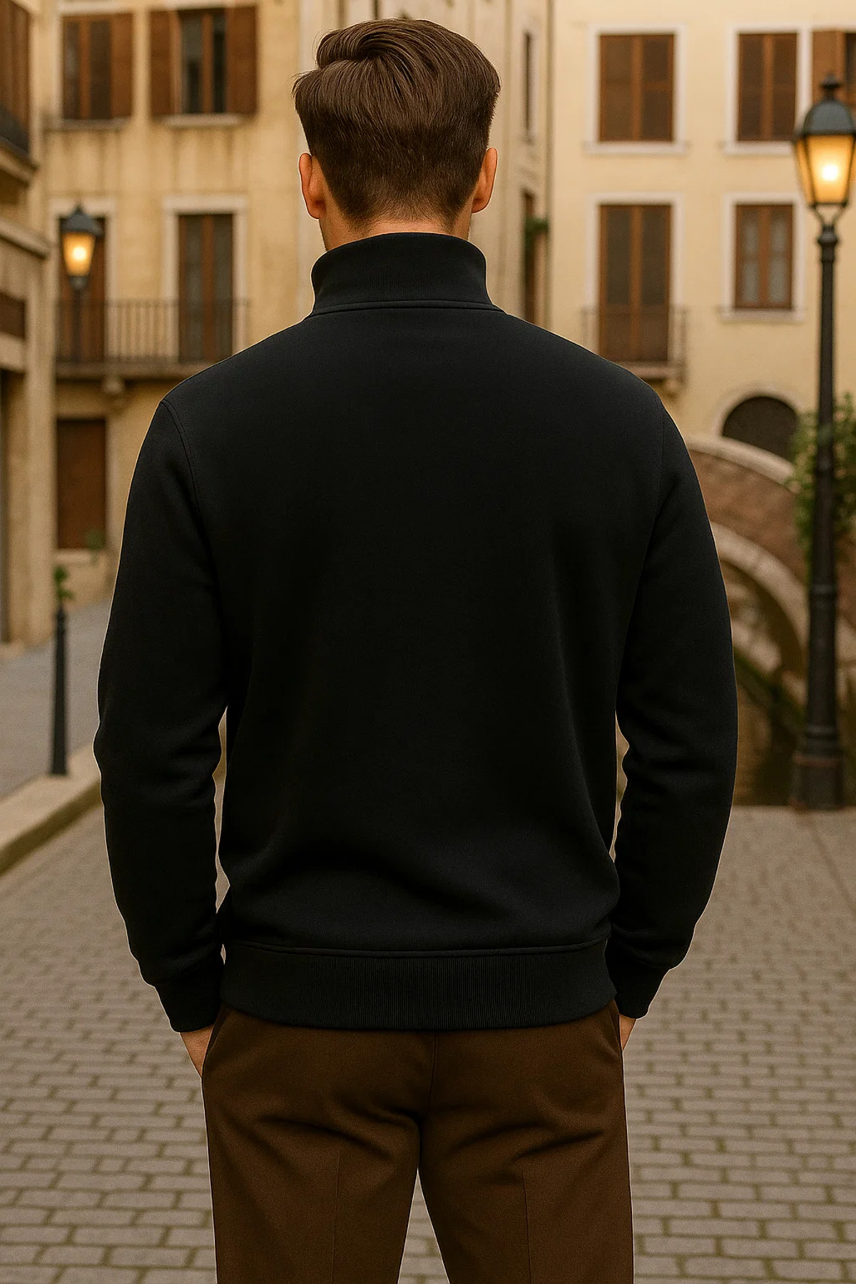 Erkek Kışlık Polo Yaka Siyah Fermuarlı Sweatshirt 6