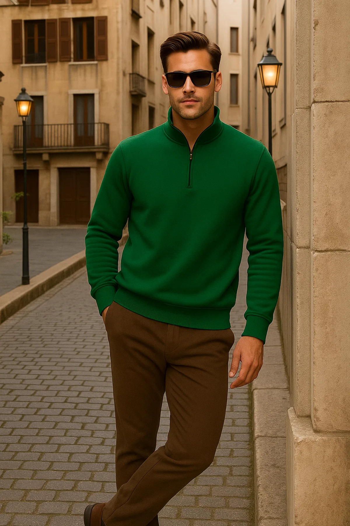 Erkek Kışlık Polo Yaka Yeşil Fermuarlı Sweatshirt 3