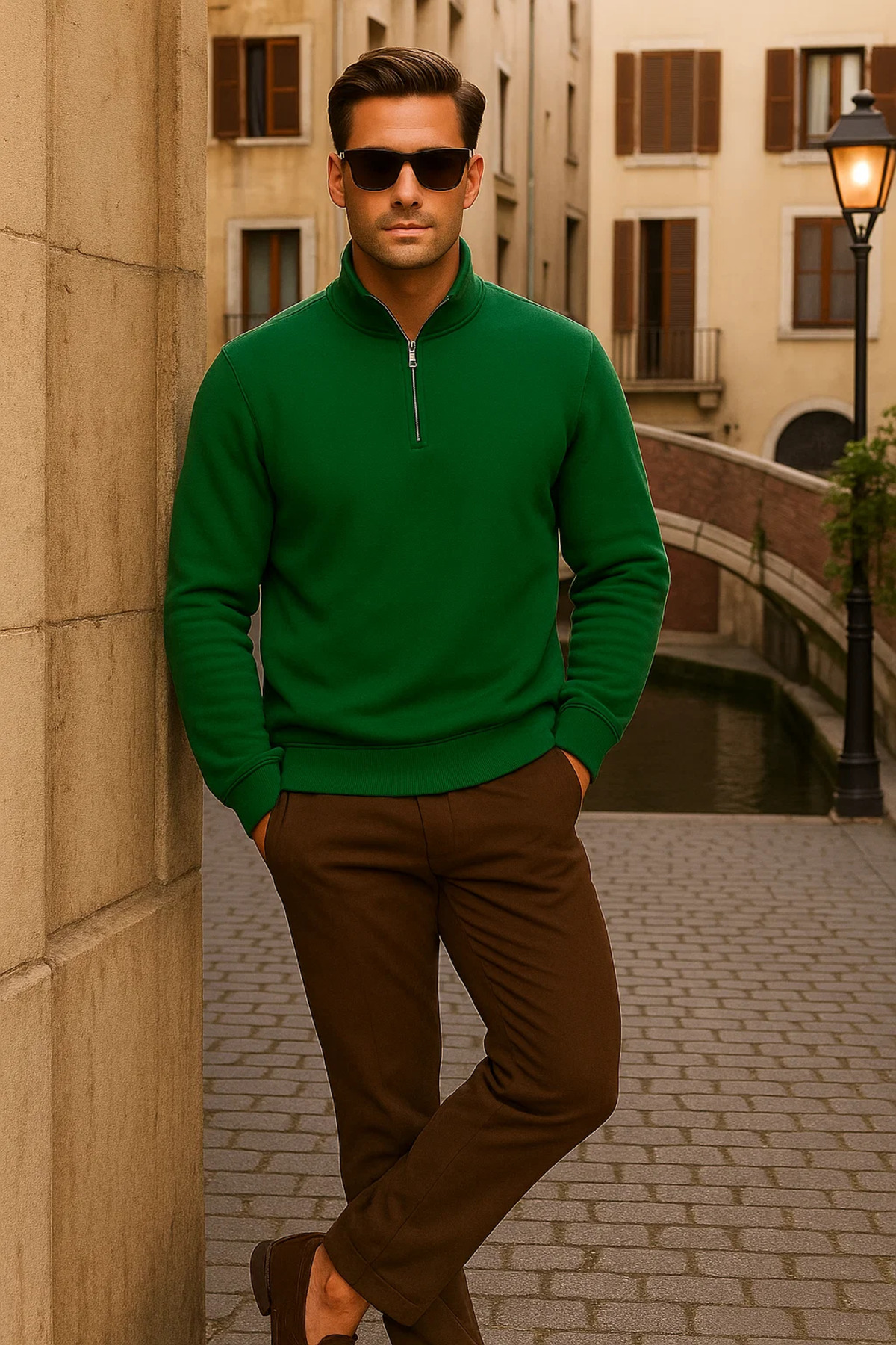 Erkek Kışlık Polo Yaka Yeşil Fermuarlı Sweatshirt 4