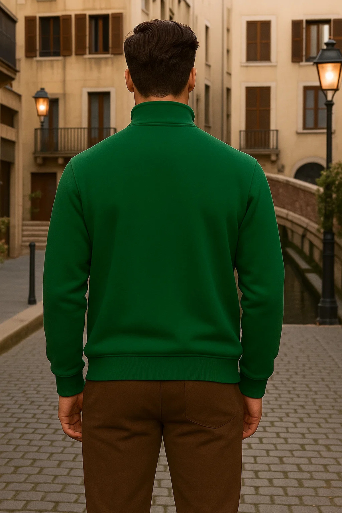 Erkek Kışlık Polo Yaka Yeşil Fermuarlı Sweatshirt 6