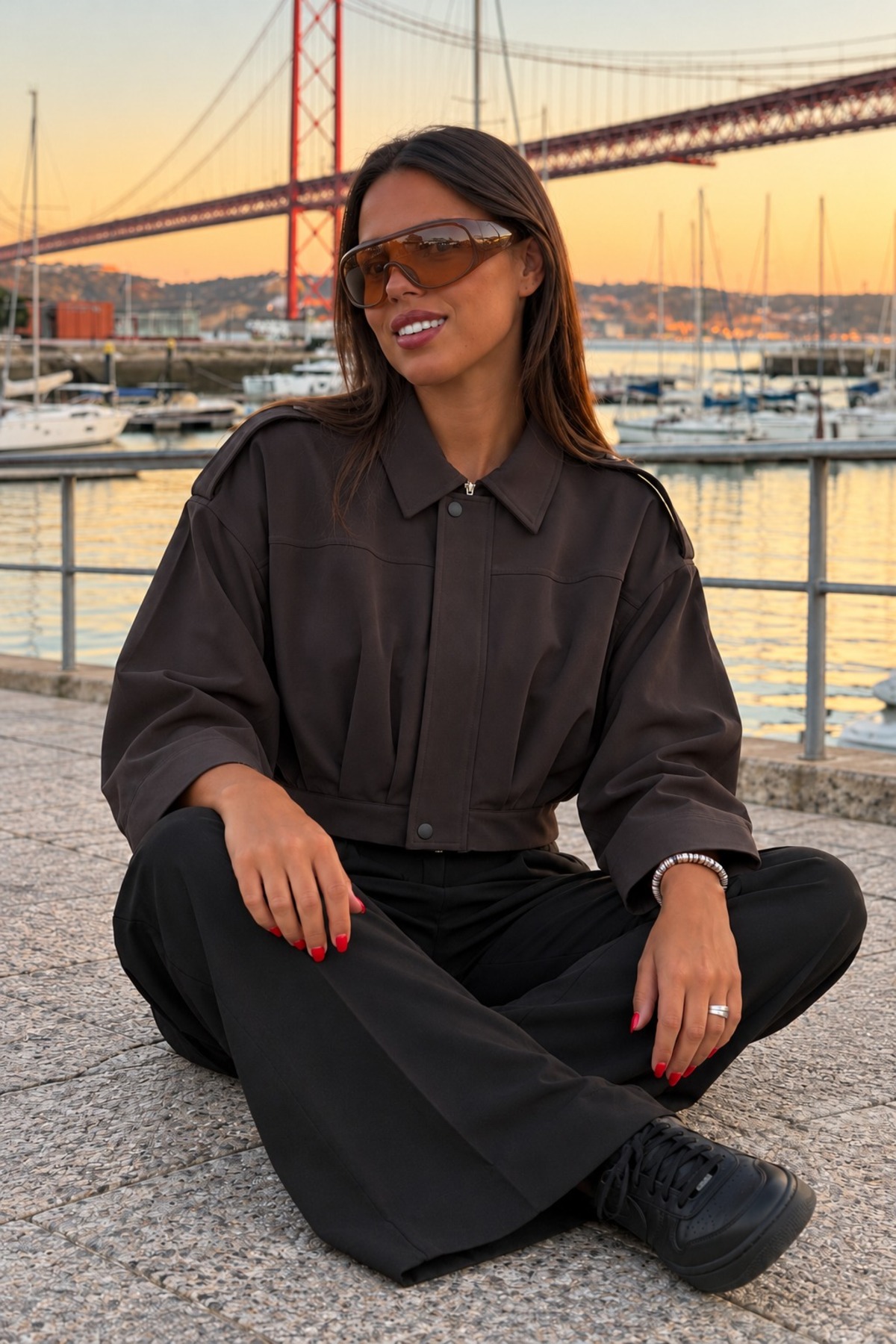 Kadın Crop Rahat Casual Günlük Kahverengi Mont 3