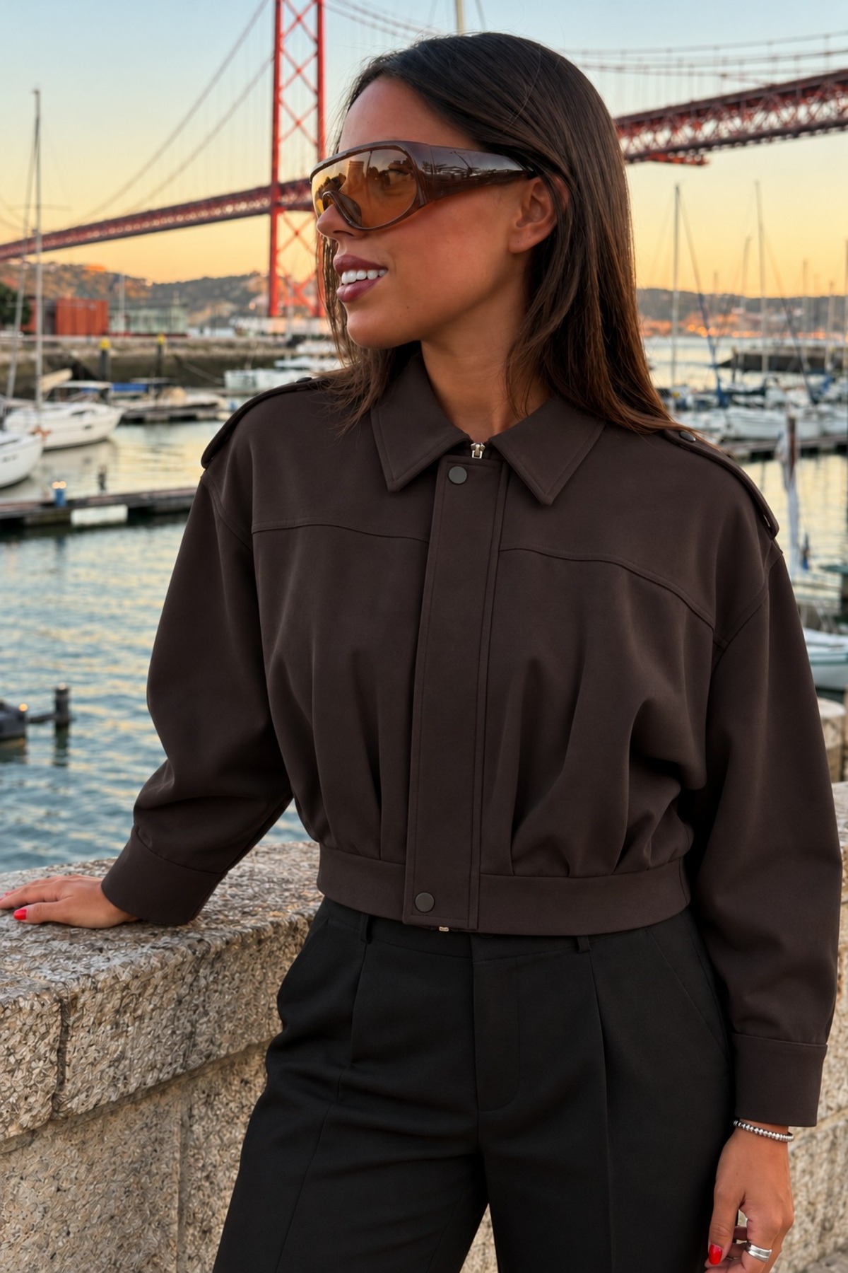 Kadın Crop Rahat Casual Günlük Kahverengi Mont 4