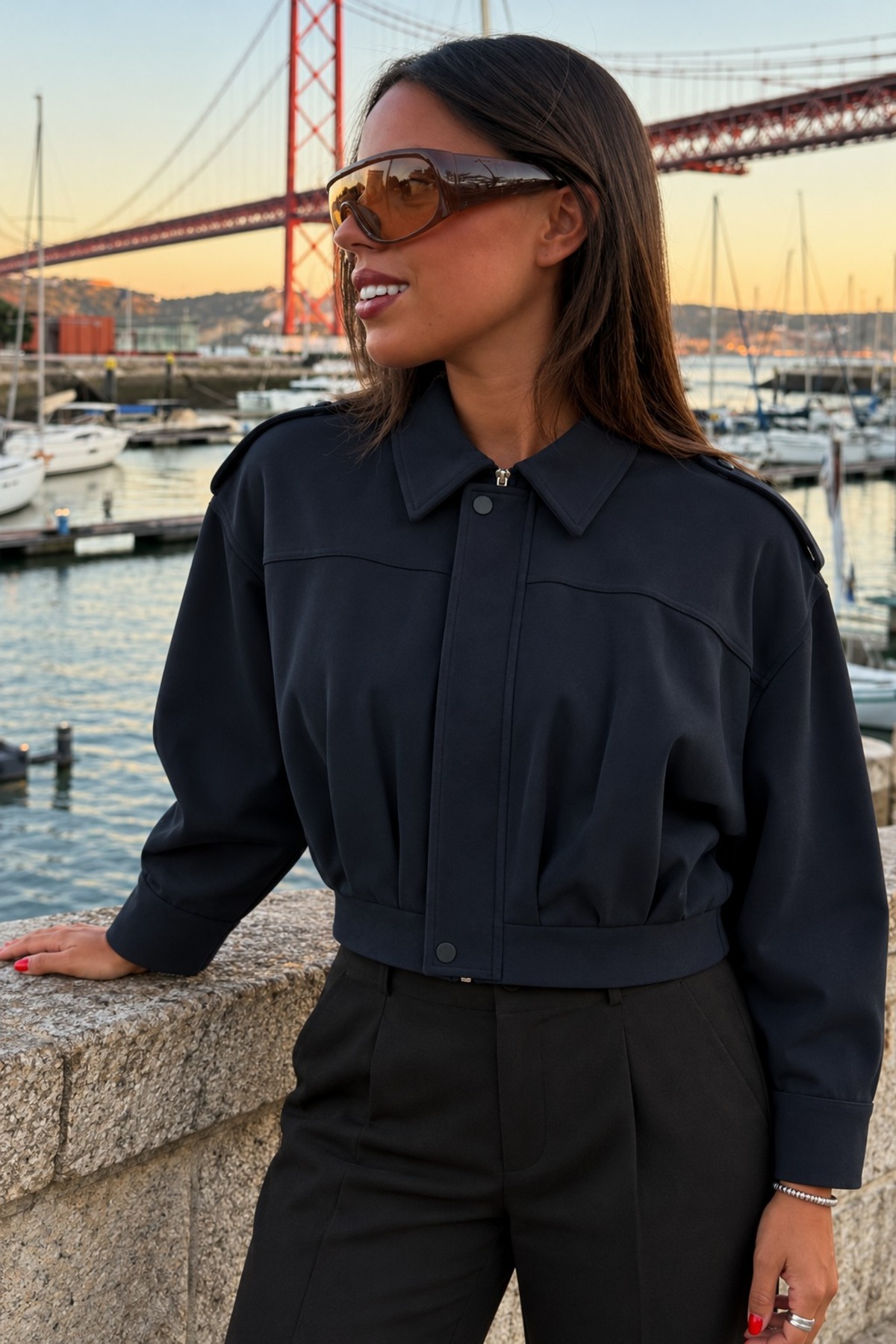Kadın Crop Rahat Casual Günlük Lacivert Mont 4