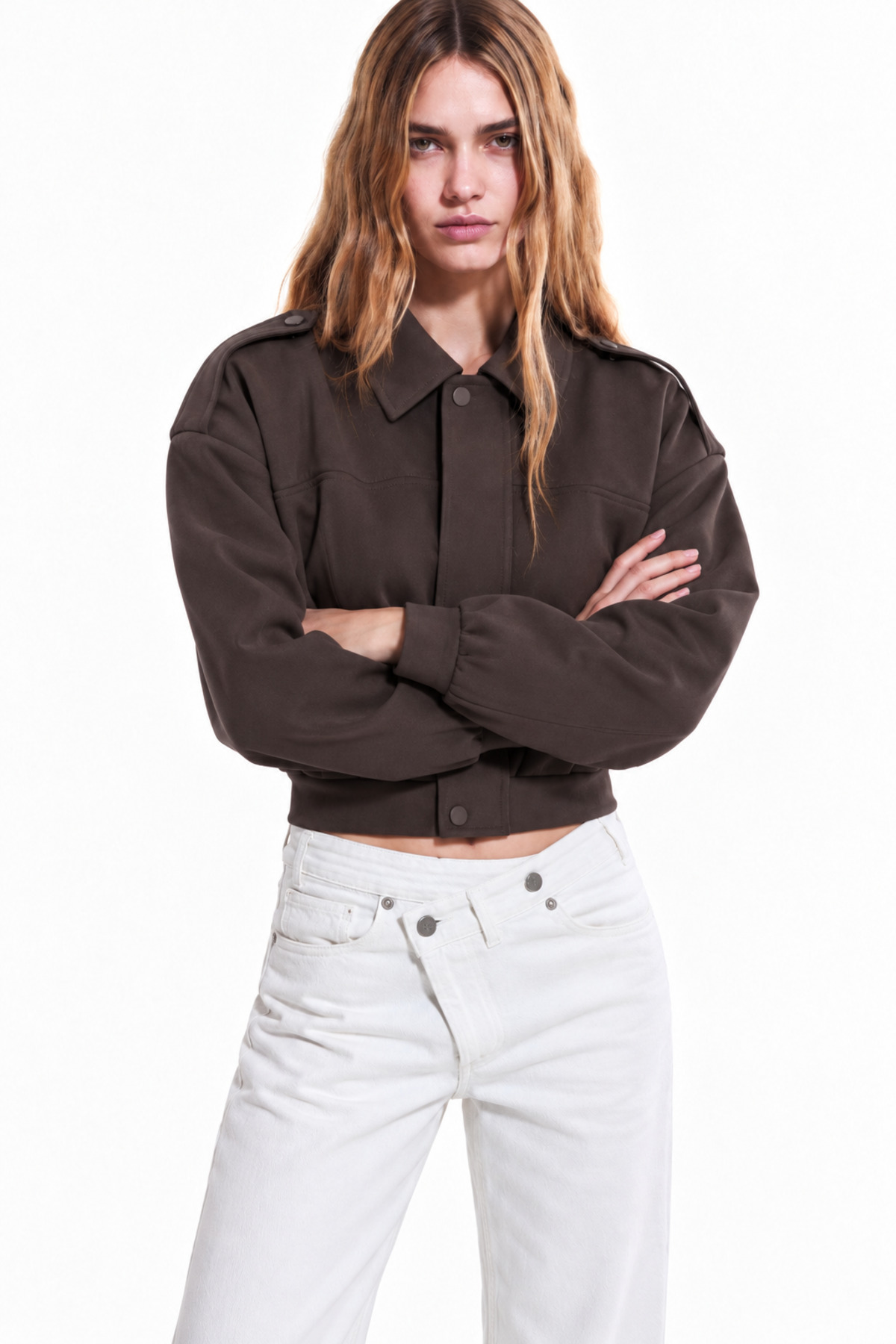 Kadın Oversize Gömlek Yaka Crop Bomber Kahverengi Ceket 3