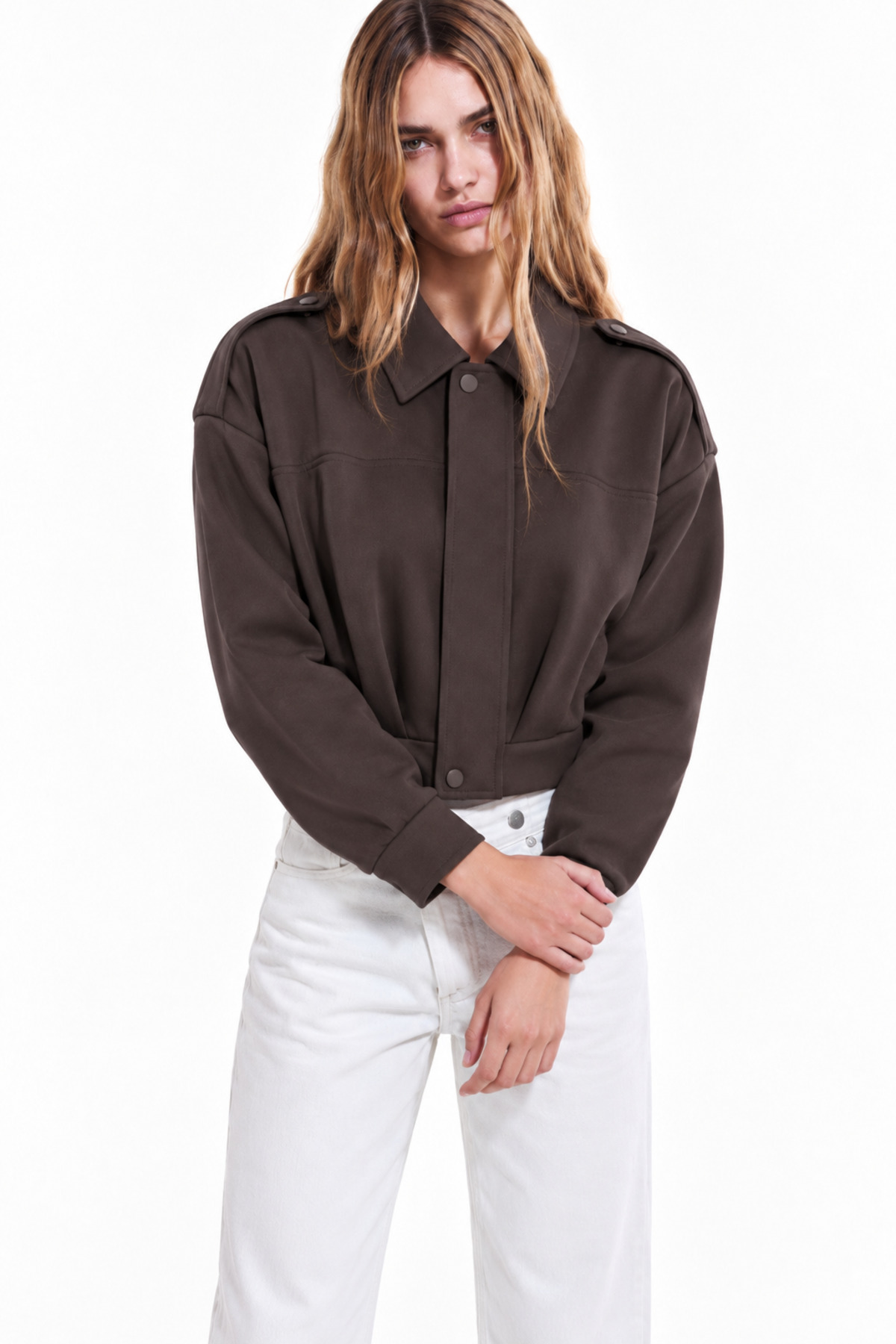 Kadın Oversize Gömlek Yaka Crop Bomber Kahverengi Ceket 5