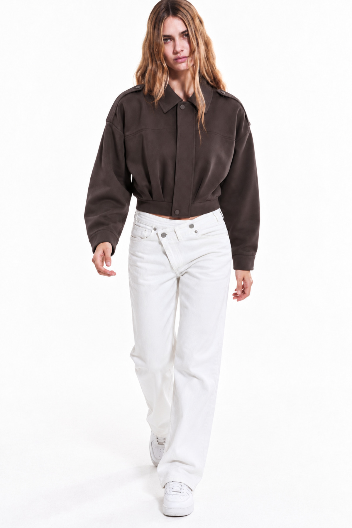 Kadın Oversize Gömlek Yaka Crop Bomber Kahverengi Ceket 6