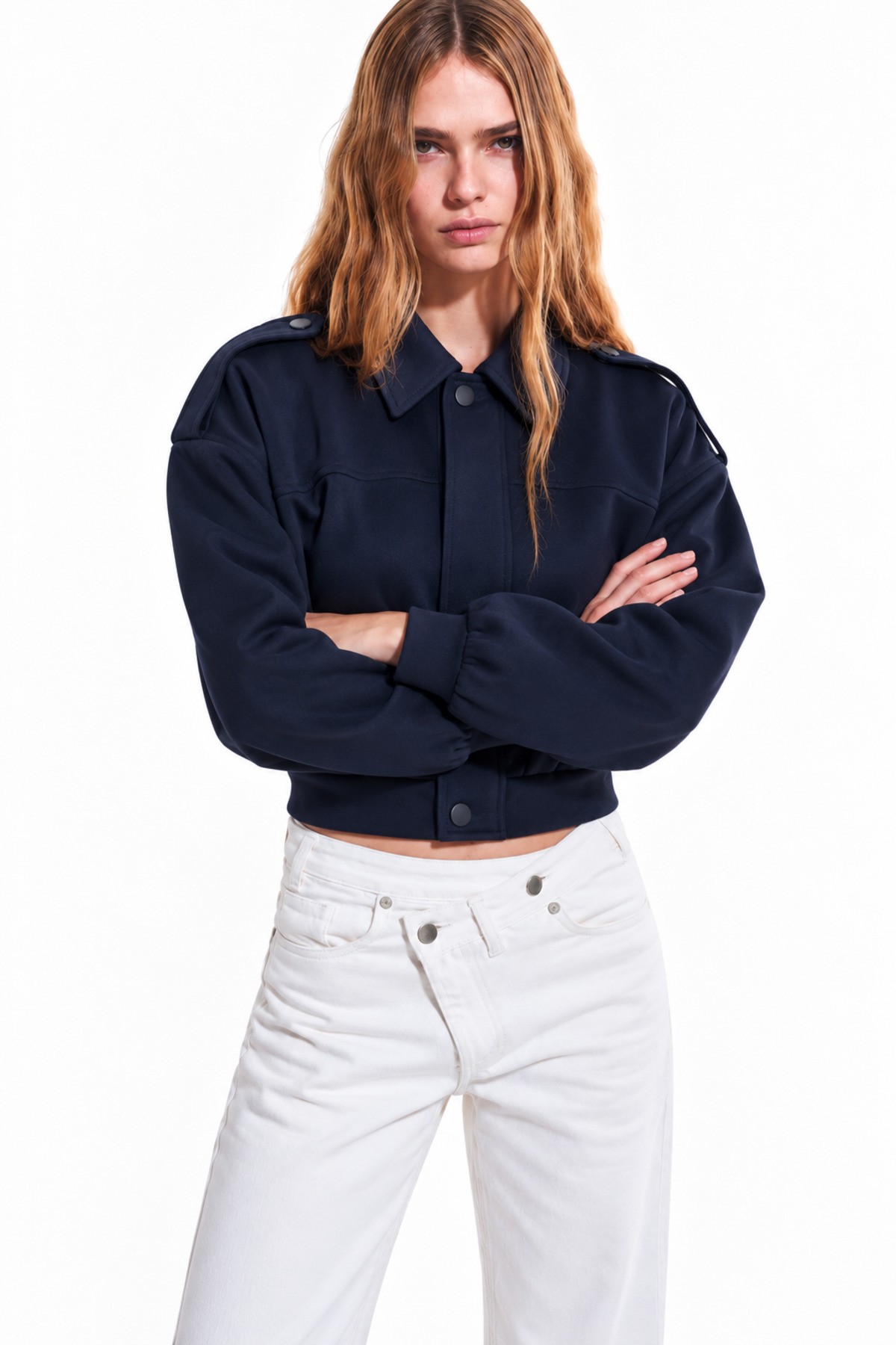Kadın Oversize Gömlek Yaka Crop Bomber Lacivert Ceket 4