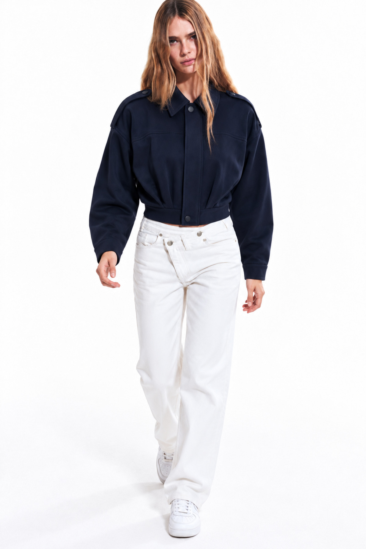 Kadın Oversize Gömlek Yaka Crop Bomber Lacivert Ceket 5