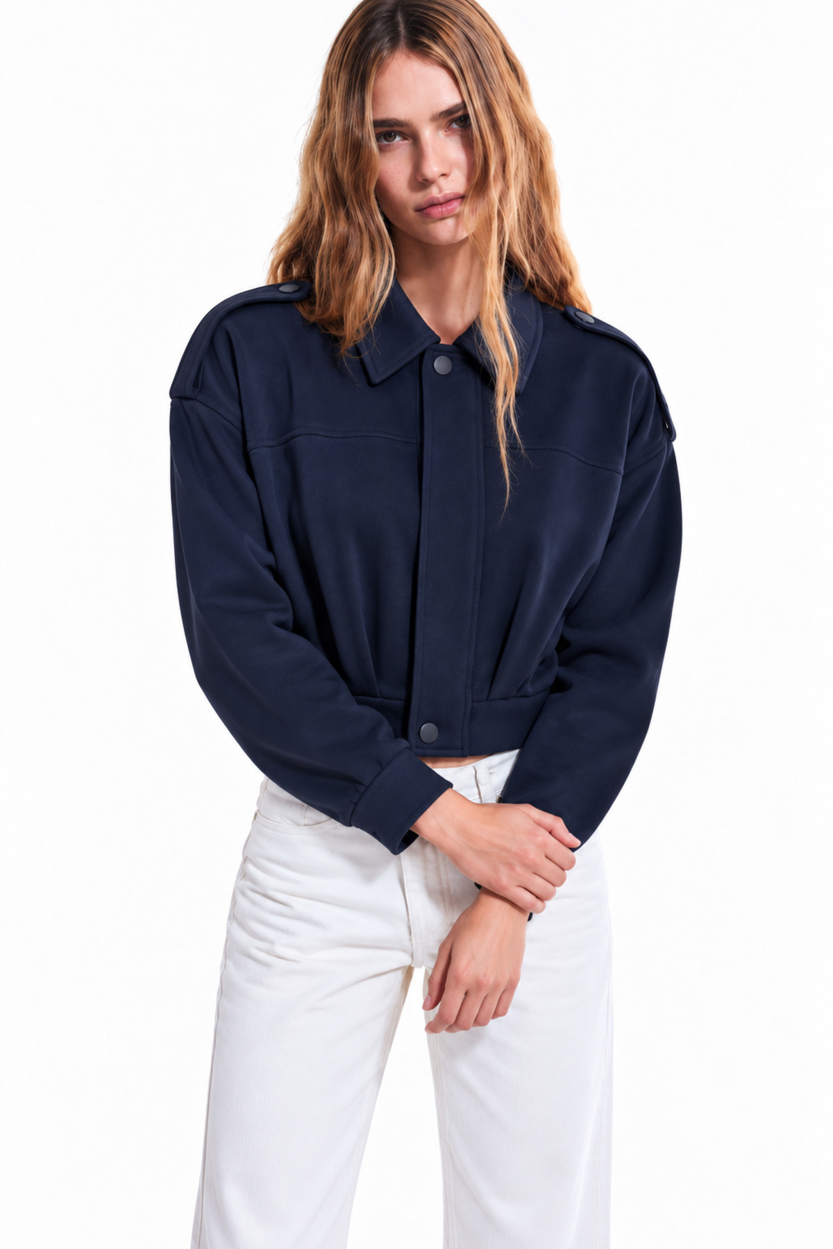Kadın Oversize Gömlek Yaka Crop Bomber Lacivert Ceket 6
