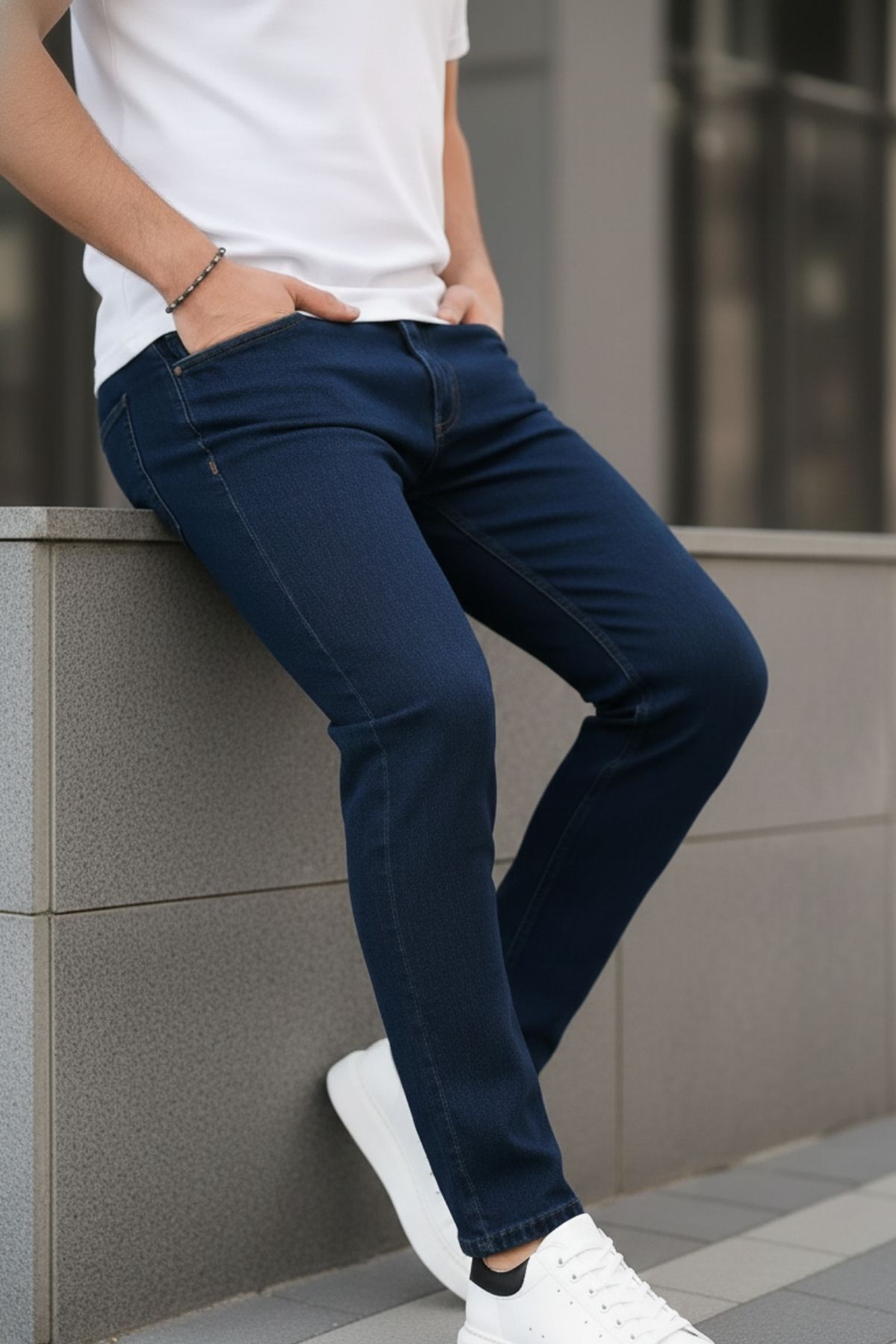 Erkek Rahat Comfort Bol Paça Koyu Kot Pantolon 4