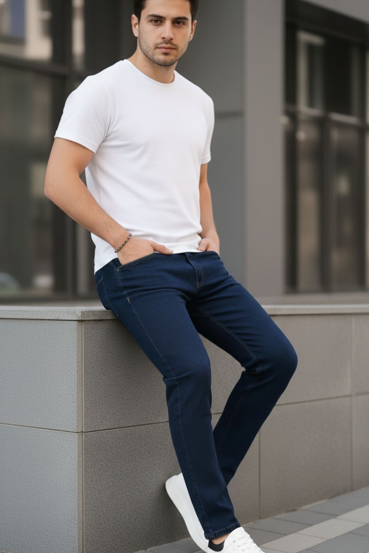Erkek Rahat Comfort Bol Paça Koyu Kot Pantolon 5