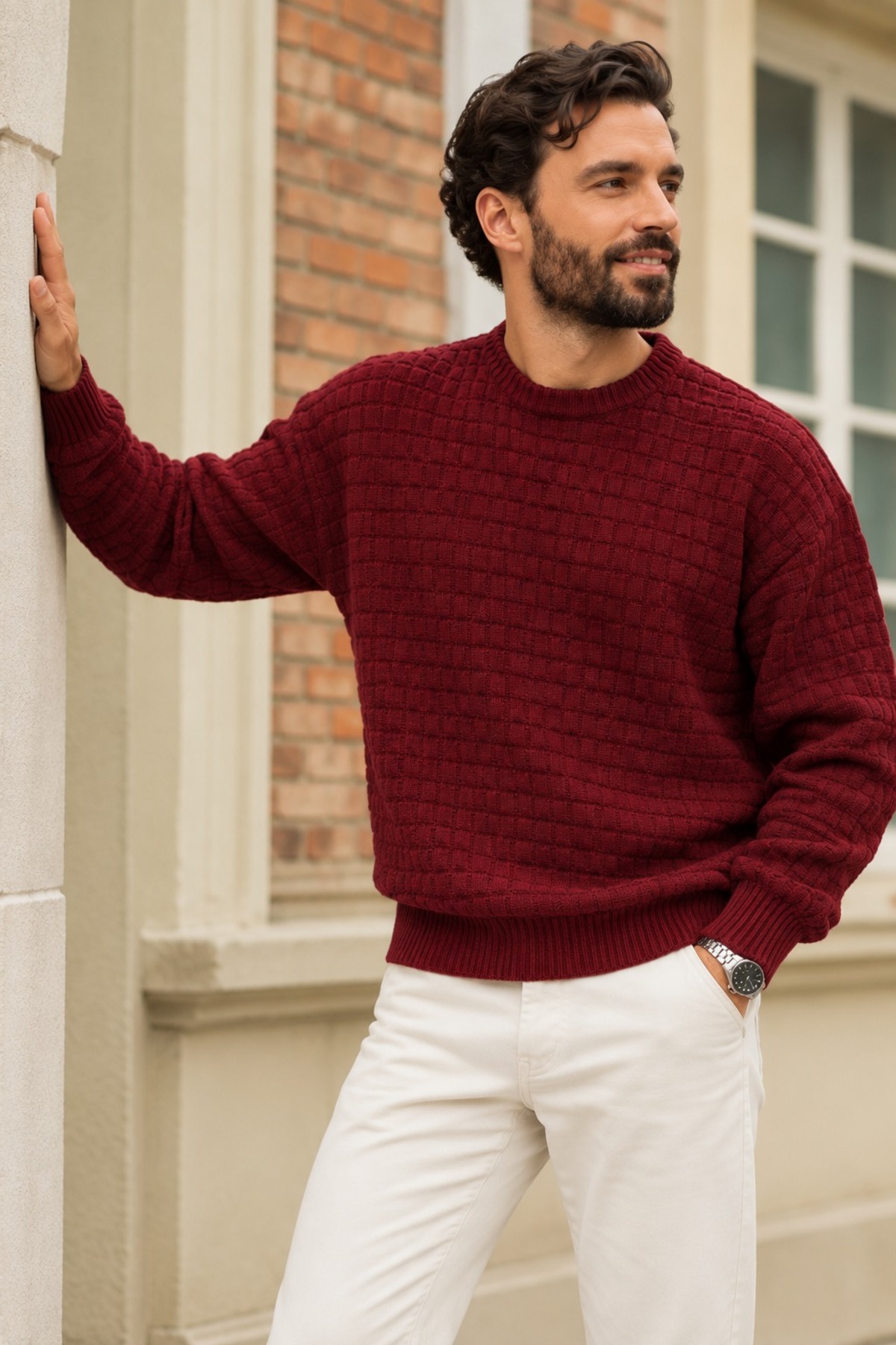 Erkek Rahat Kesim Bisiklet Yaka Casual Bordo Kazak 3