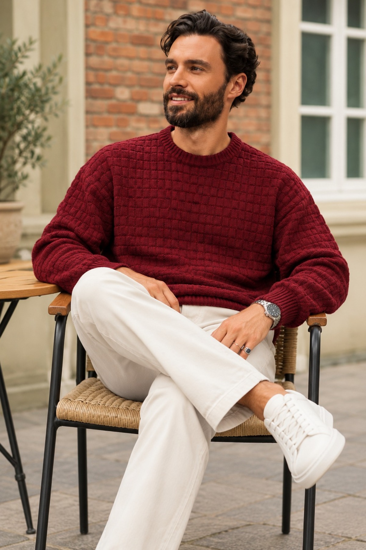 Erkek Rahat Kesim Bisiklet Yaka Casual Bordo Kazak 6