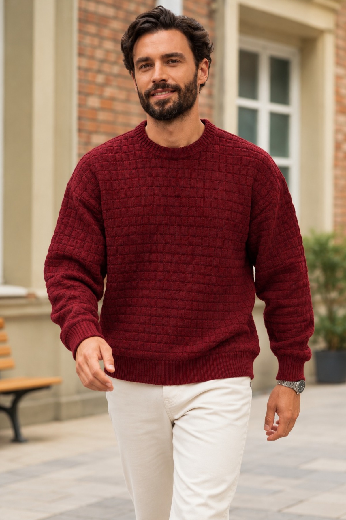 Erkek Rahat Kesim Bisiklet Yaka Casual Bordo Kazak 5
